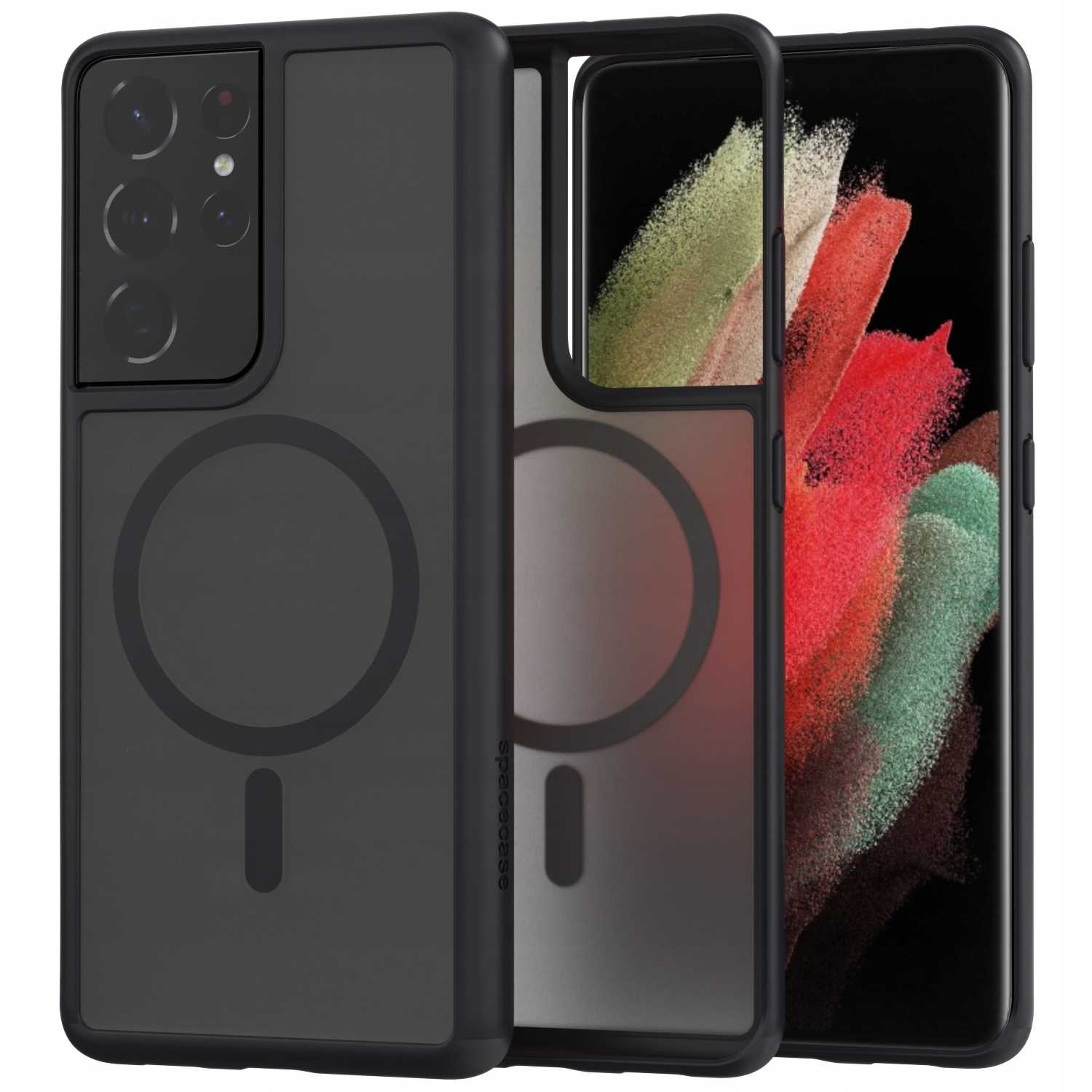 Czarne etui na telefon, z telefonem i drugim etui. Widoczne logo Spacecase. Wycięcia na aparat i elementy sterujące.