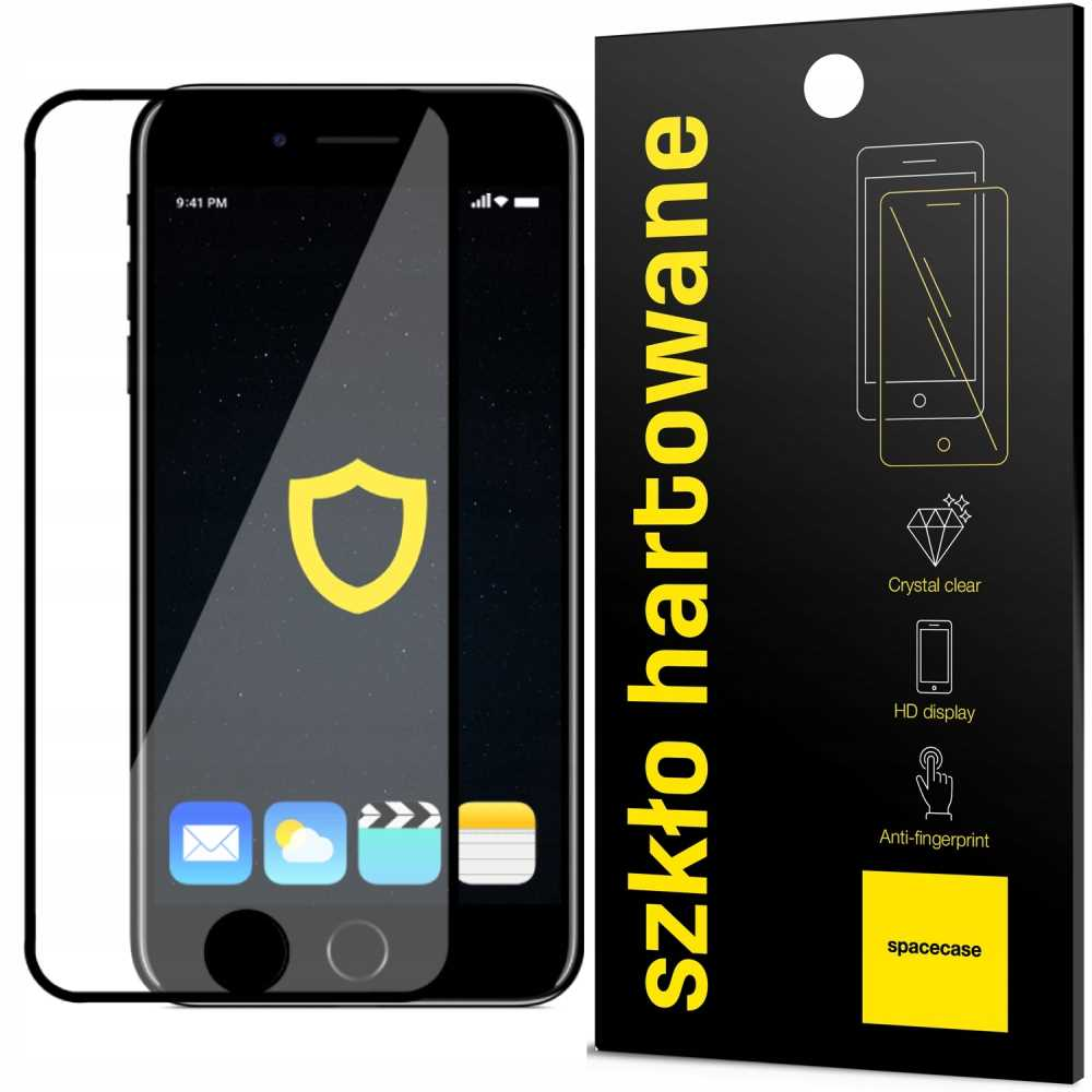 Telefon z ochroną ekranu i opakowaniem. Ochrona ma kontur telefonu z ikonami i tekstem.