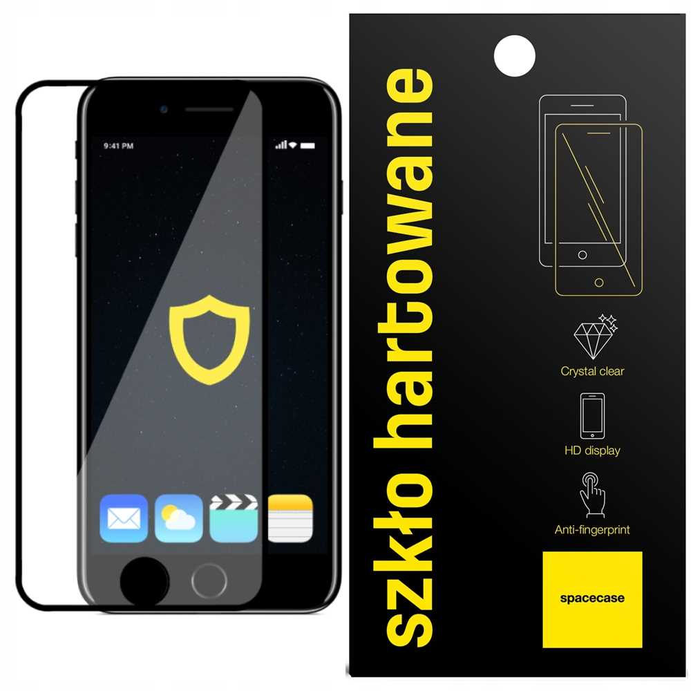 Telefon z ochraniaczem ekranu. Ekran pokazuje godzinę, aplikacje i logo tarczy. Ochraniacz po prawej.