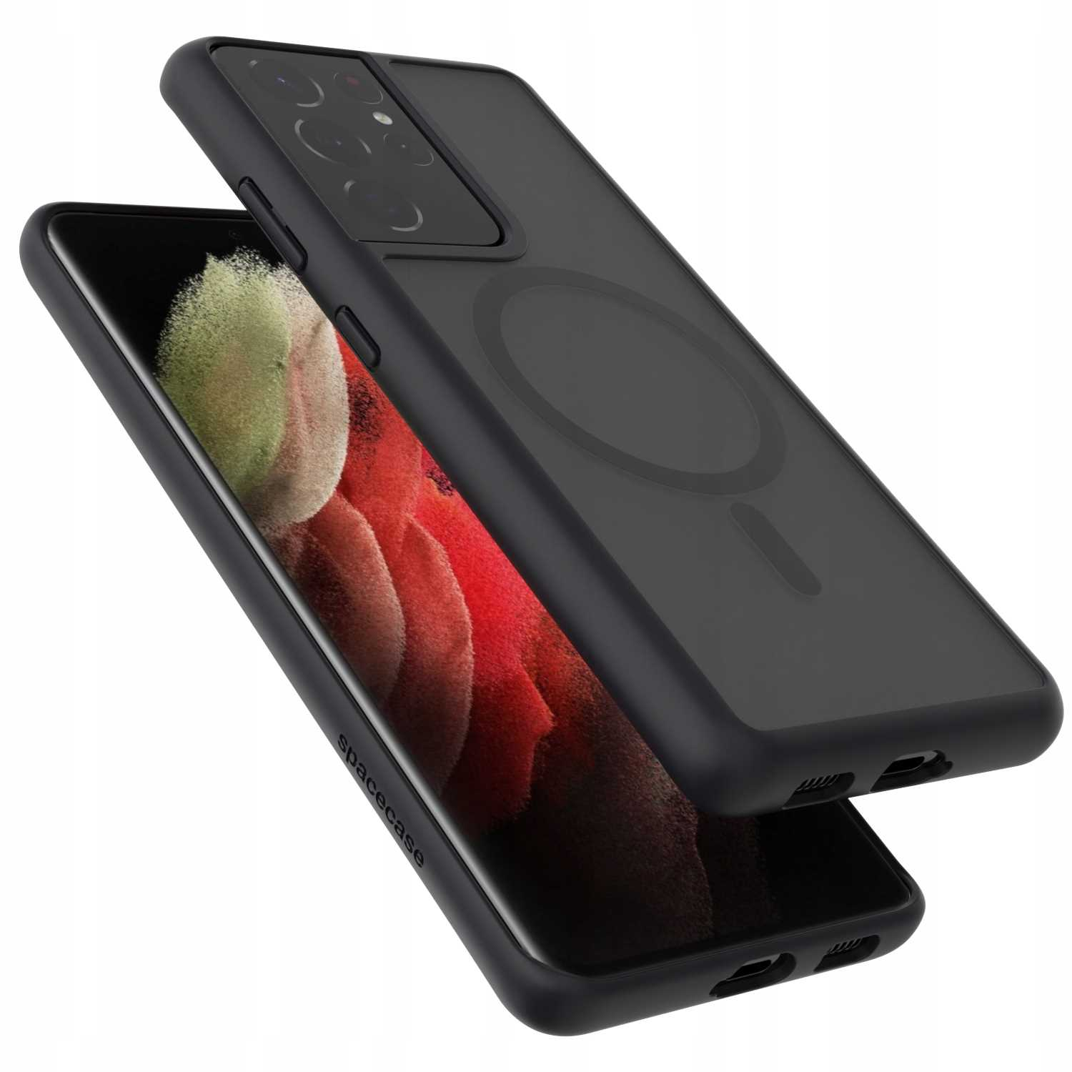 Czarne etui na telefon z telefonem w środku, z magnetycznym kołem na etui.