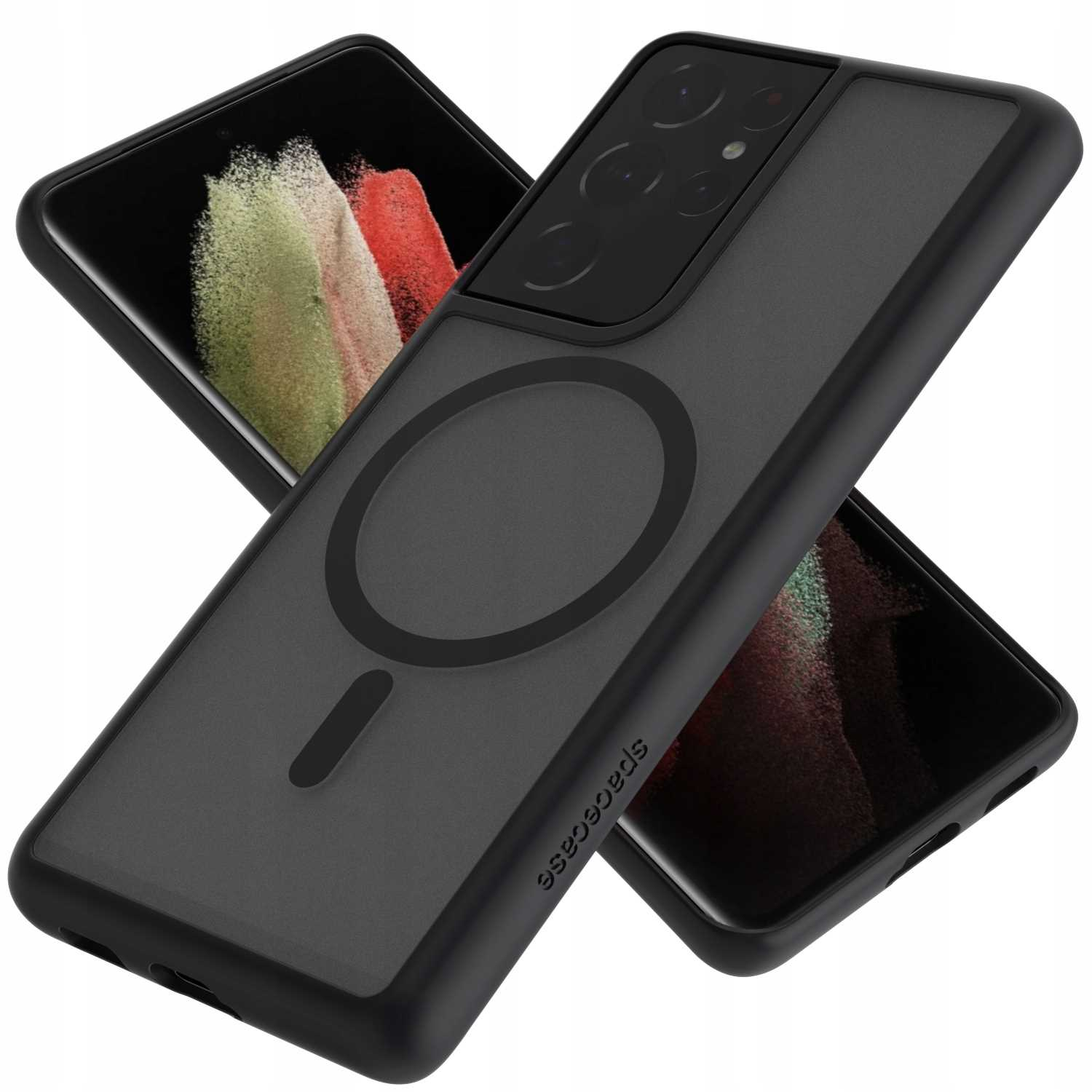 Czarne etui na telefon z telefonem w środku. Marka spacecase. Wycięcia na aparat i elementy sterujące.