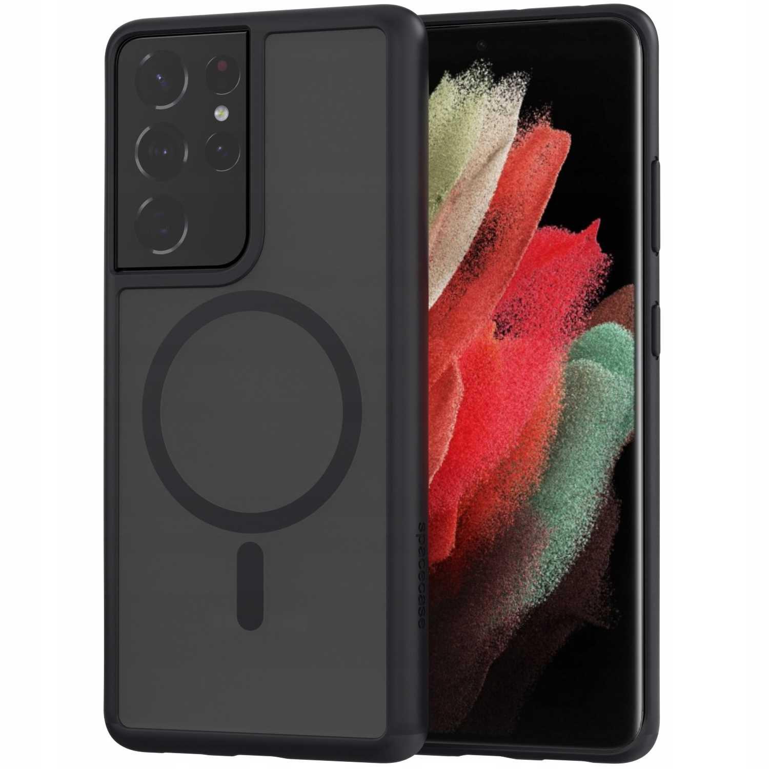 Czarne etui na telefon z telefonem w środku, pokazujące ekran telefonu i magnetyczne koło.