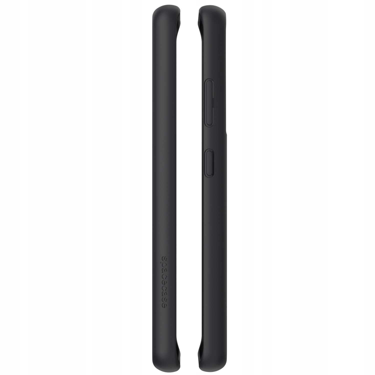 Dwa czarne etui na telefon, widok z boku, pokazujący profil i boczne przyciski.