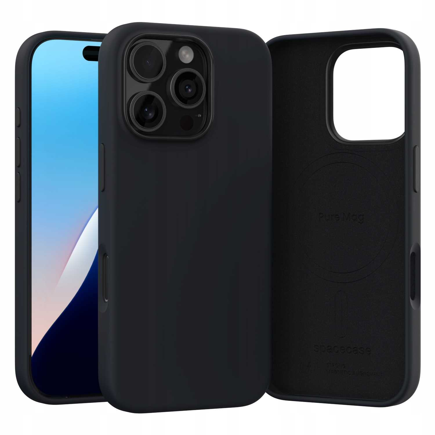 Czarna obudowa telefonu z telefonem w środku i trzecia obudowa pokazująca wnętrze z Pure Mag i spacecase.