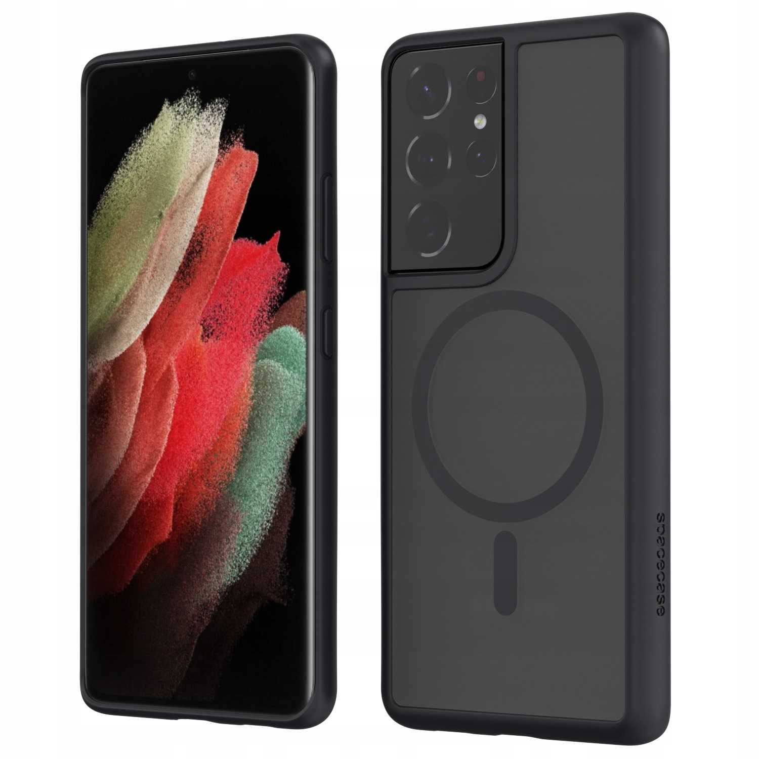 Smartfon z kolorowym ekranem obok czarnej obudowy z obiektywami aparatu i okręgiem MagSafe.