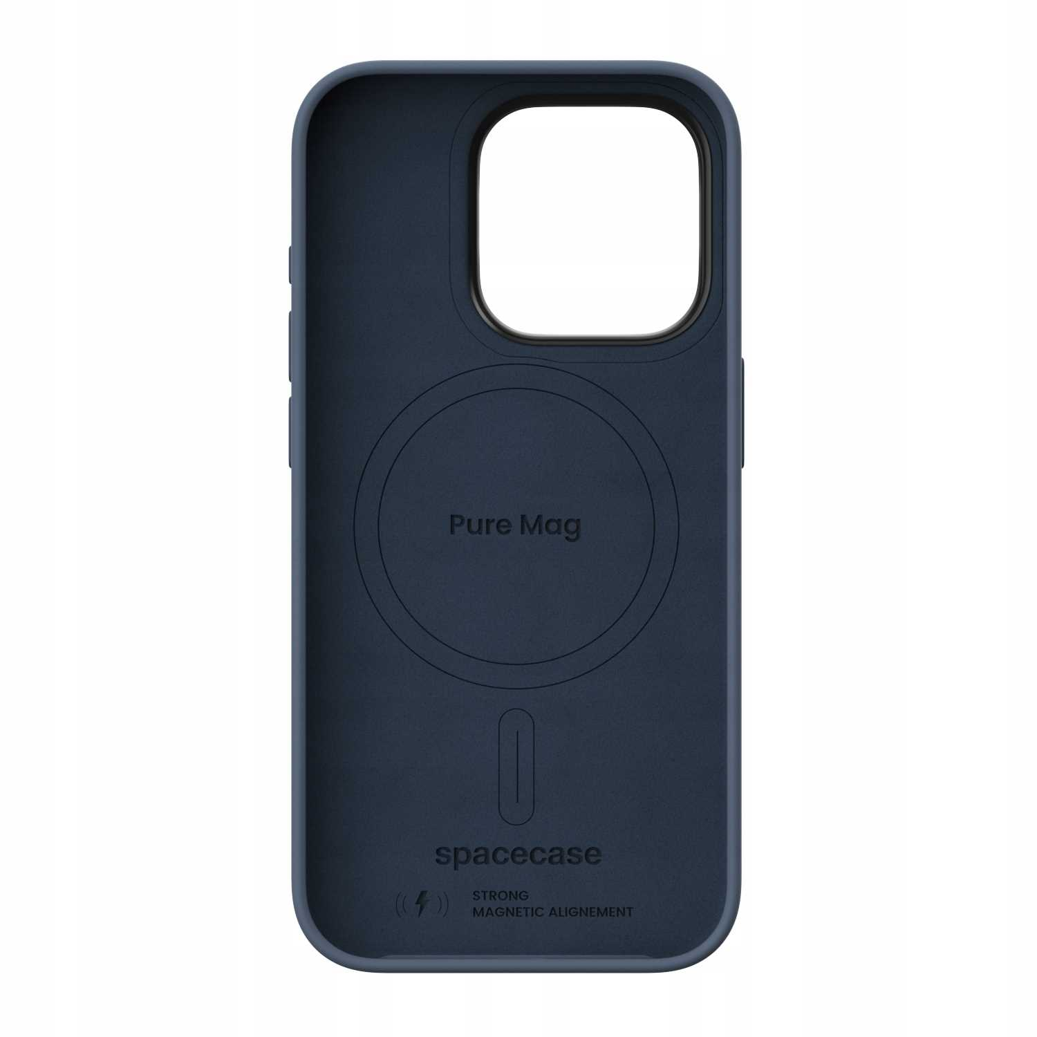 Wnętrze niebieskiej obudowy telefonu z okręgiem Pure Mag, logo spacecase i wskaźnikiem wyrównania magnetycznego.