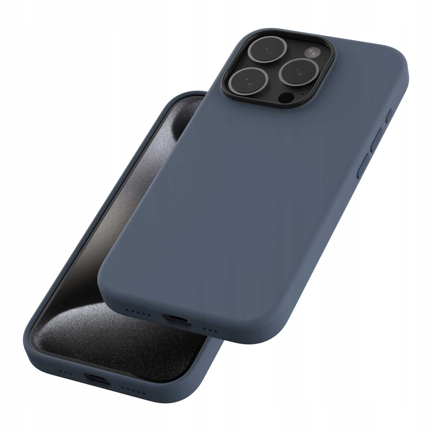 Niebieskie etui na telefon, widok pod kątem, pokazujące wypukłość aparatu i krawędź telefonu.