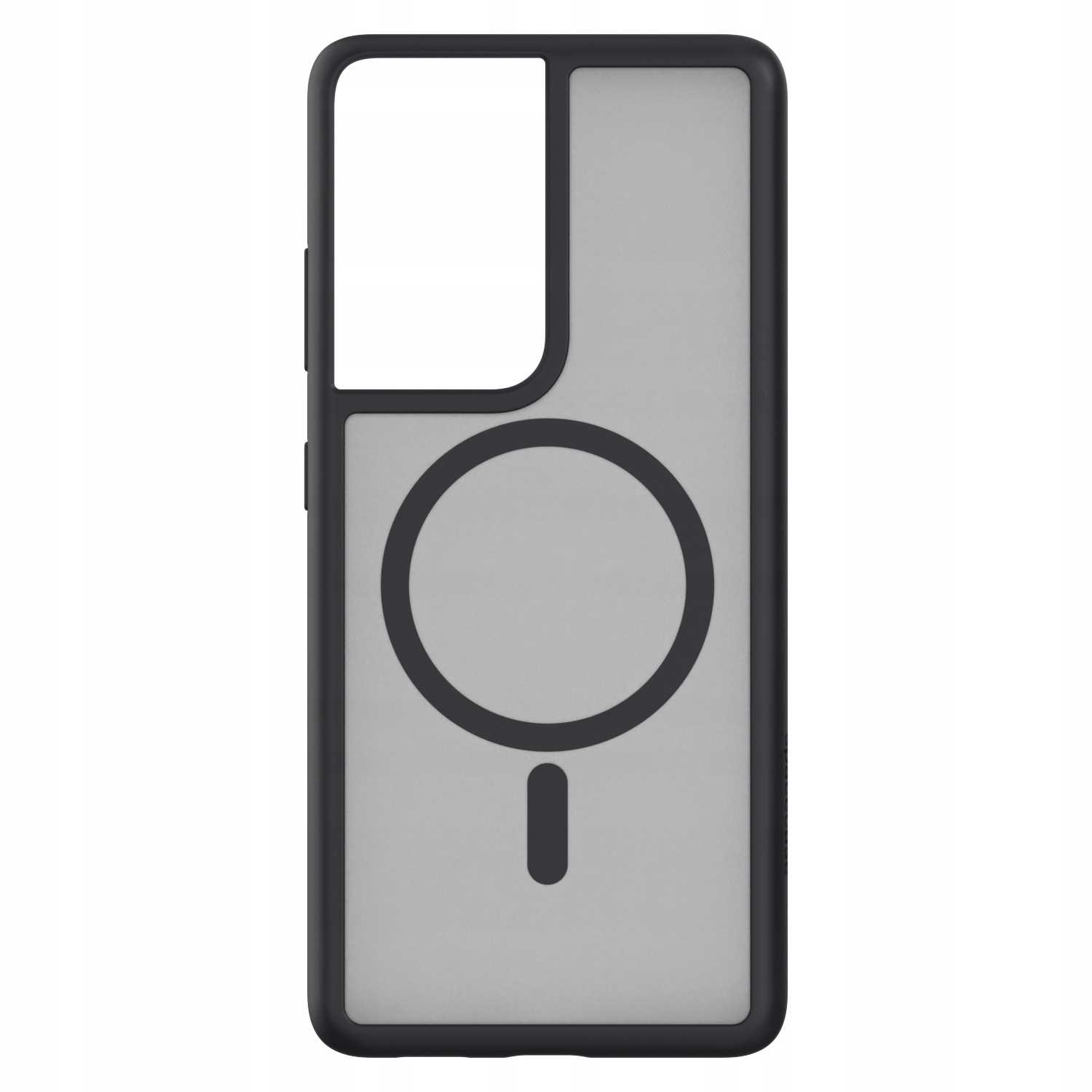 Przezroczysta obudowa z czarną ramką, kwadratowym wycięciem na aparat i okręgiem z kreską dla MagSafe.