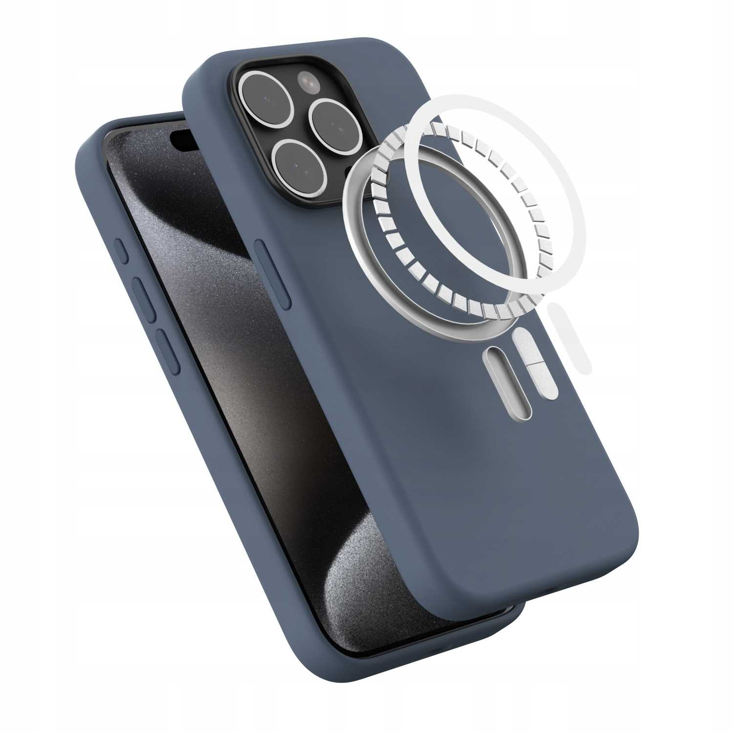 Niebieskie etui na telefon z magnetycznym pierścieniem i telefonem. Etui jest na telefonie.