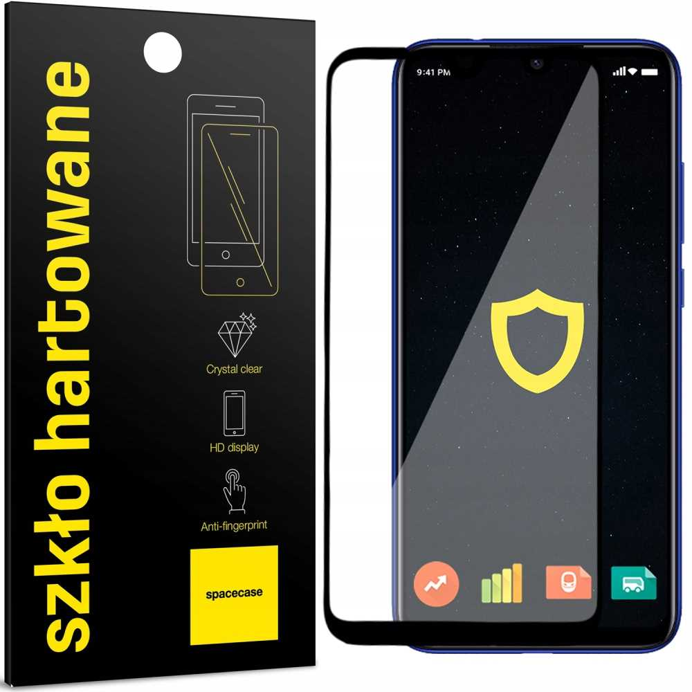 Telefon z ochraniaczem ekranu po prawej stronie. Tekst po polsku: szkło hartowane.