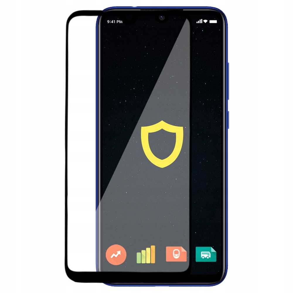 Smartfon z ochraniaczem ekranu, pokazujący ikonę tarczy. Czarne tło.
