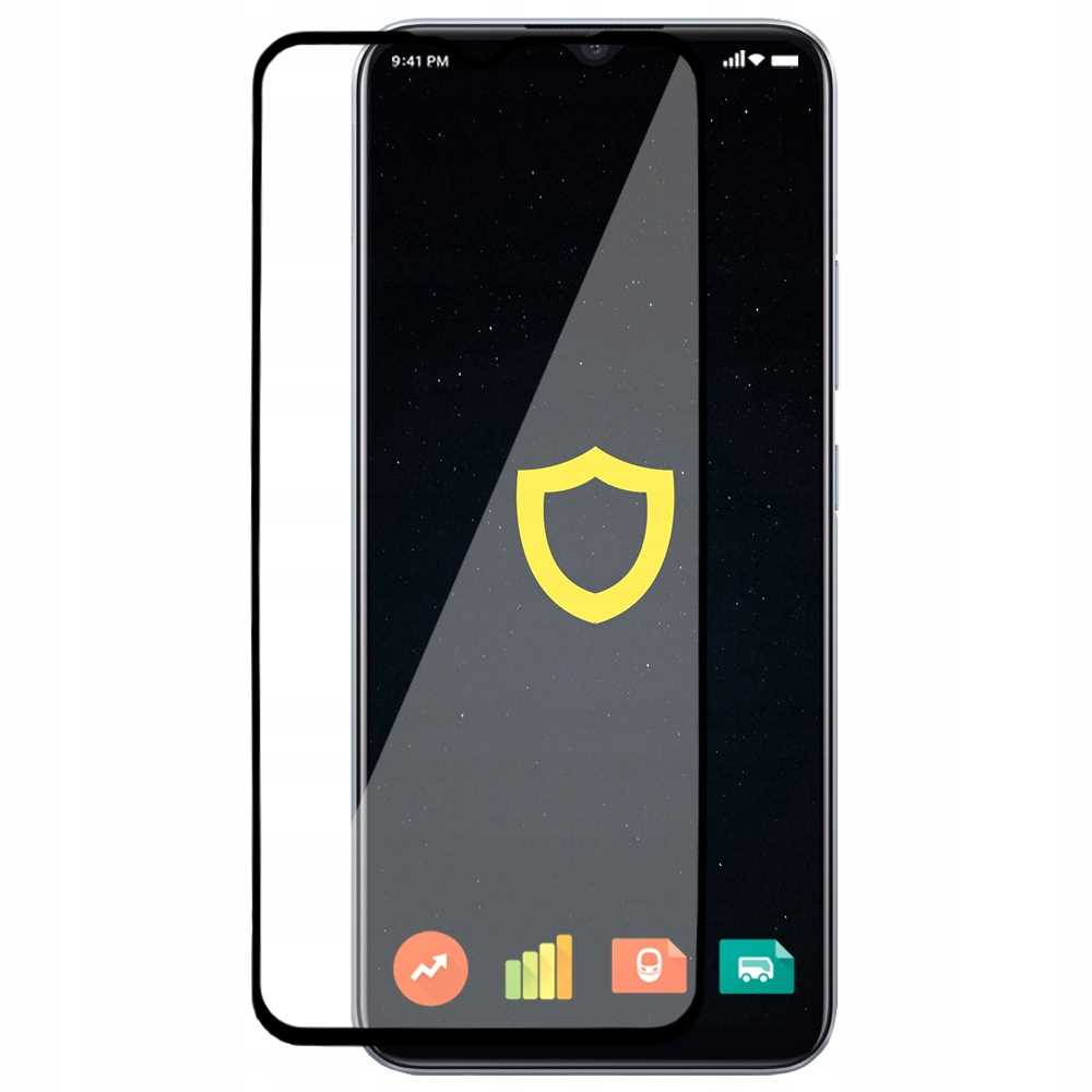 Smartfon z ochraniaczem ekranu, ikoną tarczy. Czarne tło.