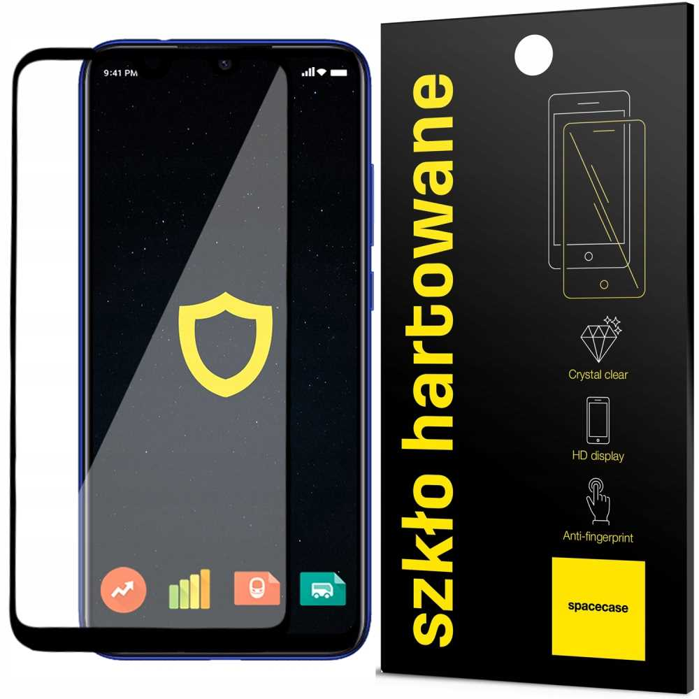Telefon z ochraniaczem ekranu po prawej stronie. Tekst po polsku: szkło hartowane.