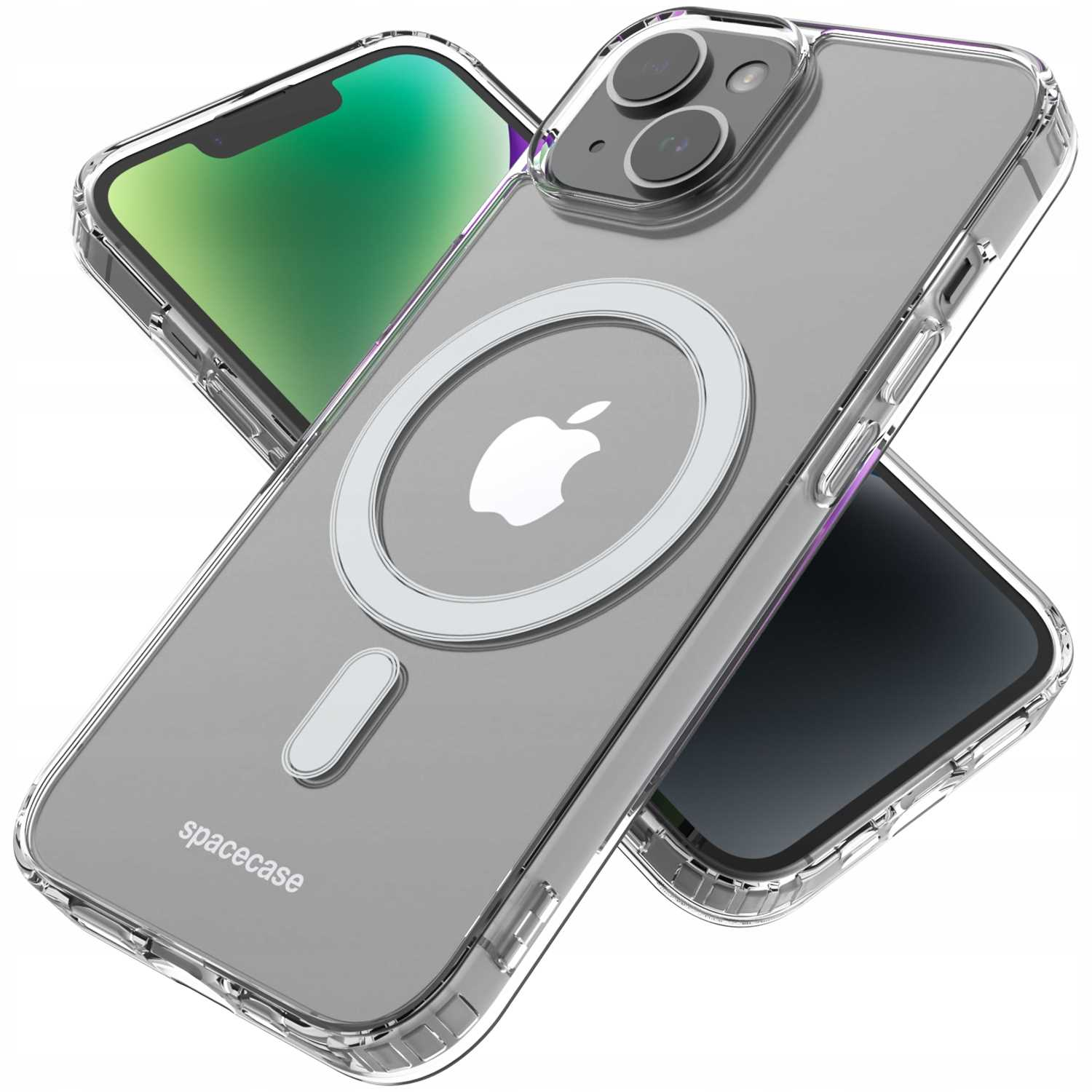 Przezroczyste etui na telefon z MagSafe. Jedno z telefonem w środku, drugie z logo Apple. Przezroczysta konstrukcja.