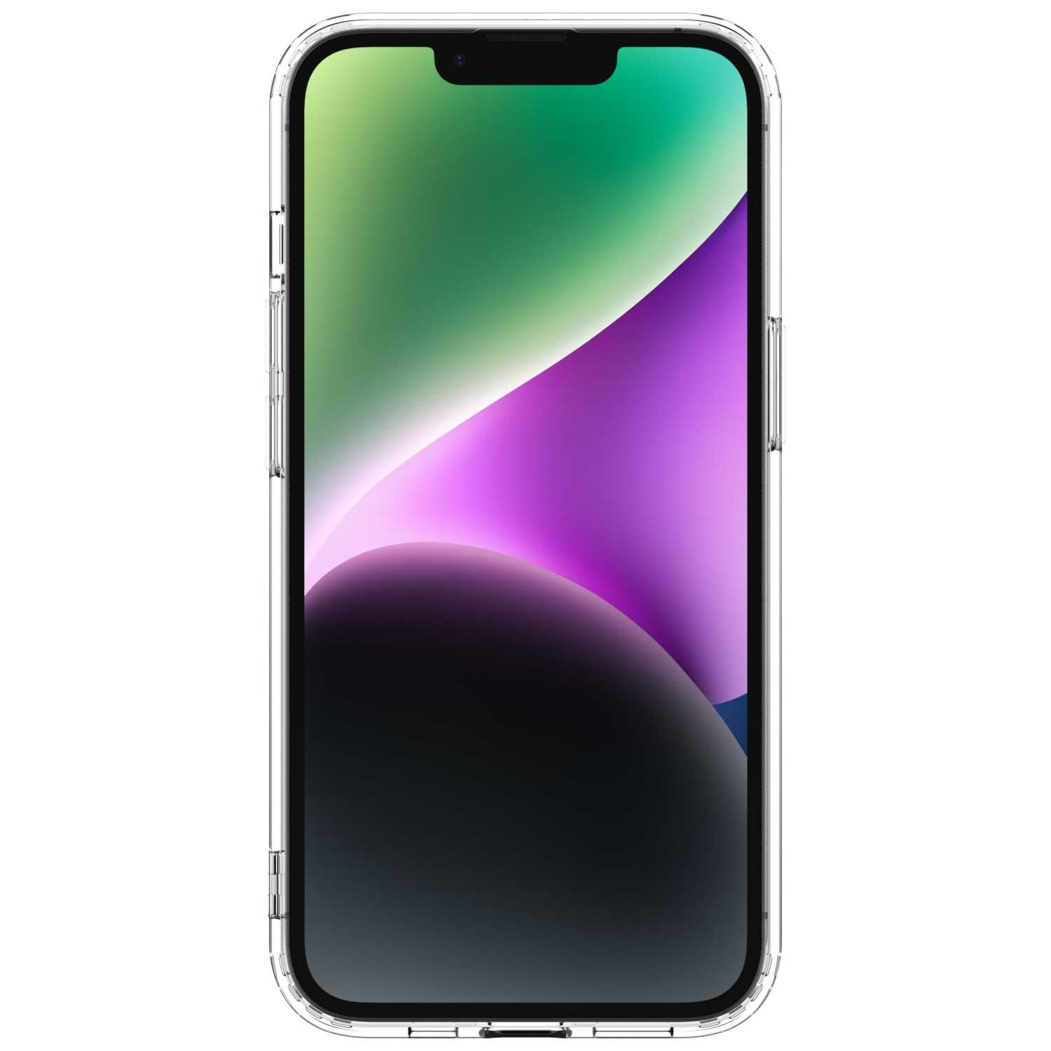 Telefon z nałożonym ochraniaczem ekranu, wyświetlający kolorowe tło. Przezroczyste etui ochronne.