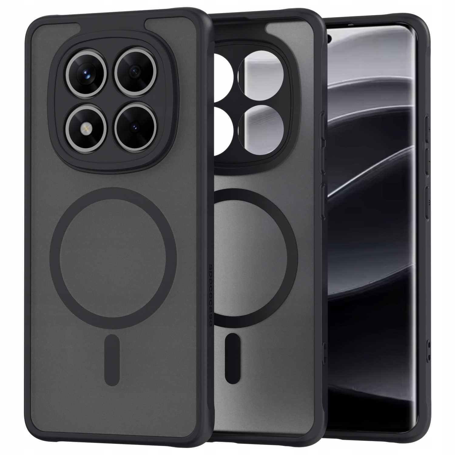 Szare etui na telefon z okrągłym wycięciem na aparat, czarnymi pierścieniami aparatu i dołączonym telefonem.