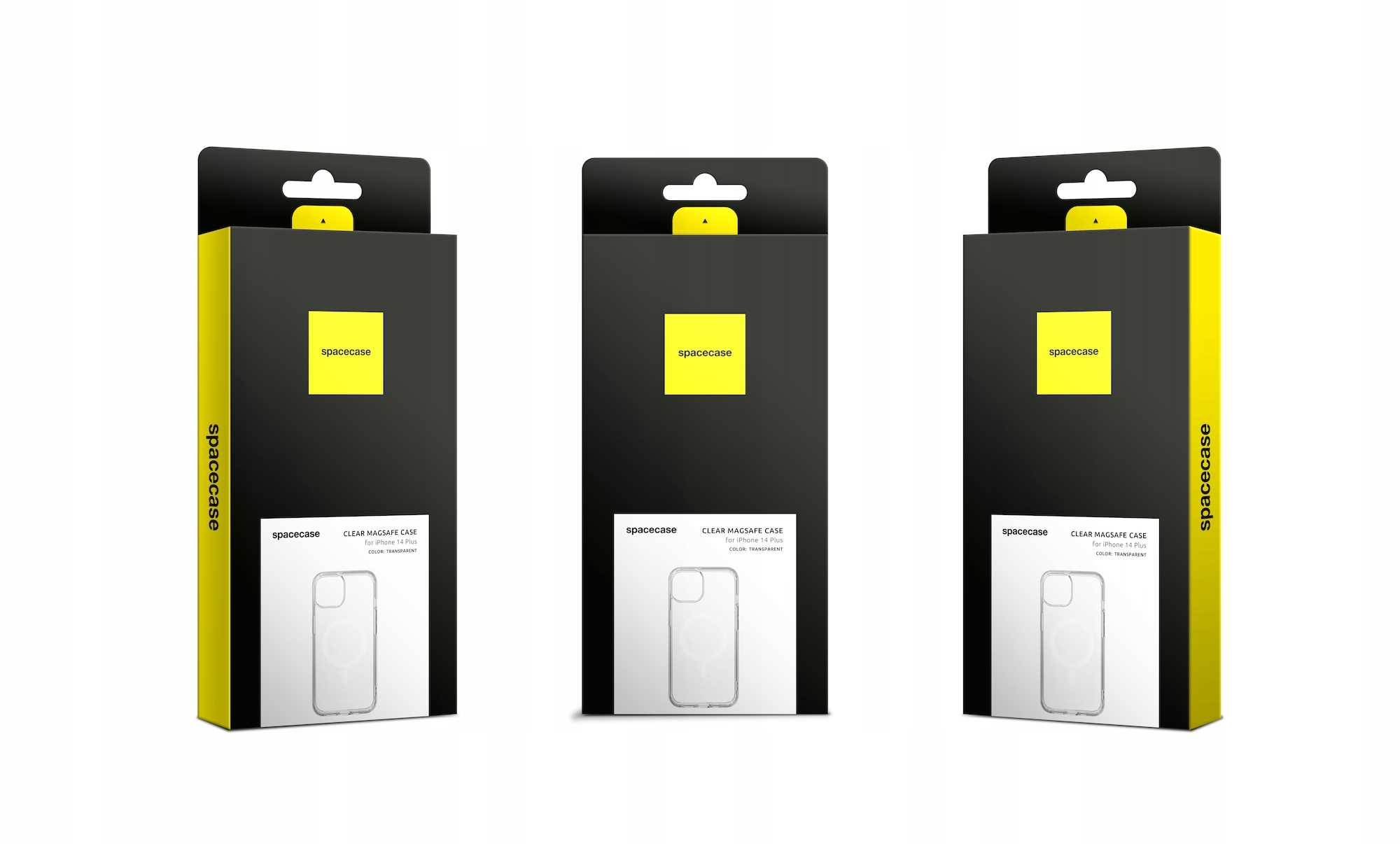 Trzy pudełka produktów na etui na telefony. Czarne z żółtymi akcentami i zdjęciami etui.