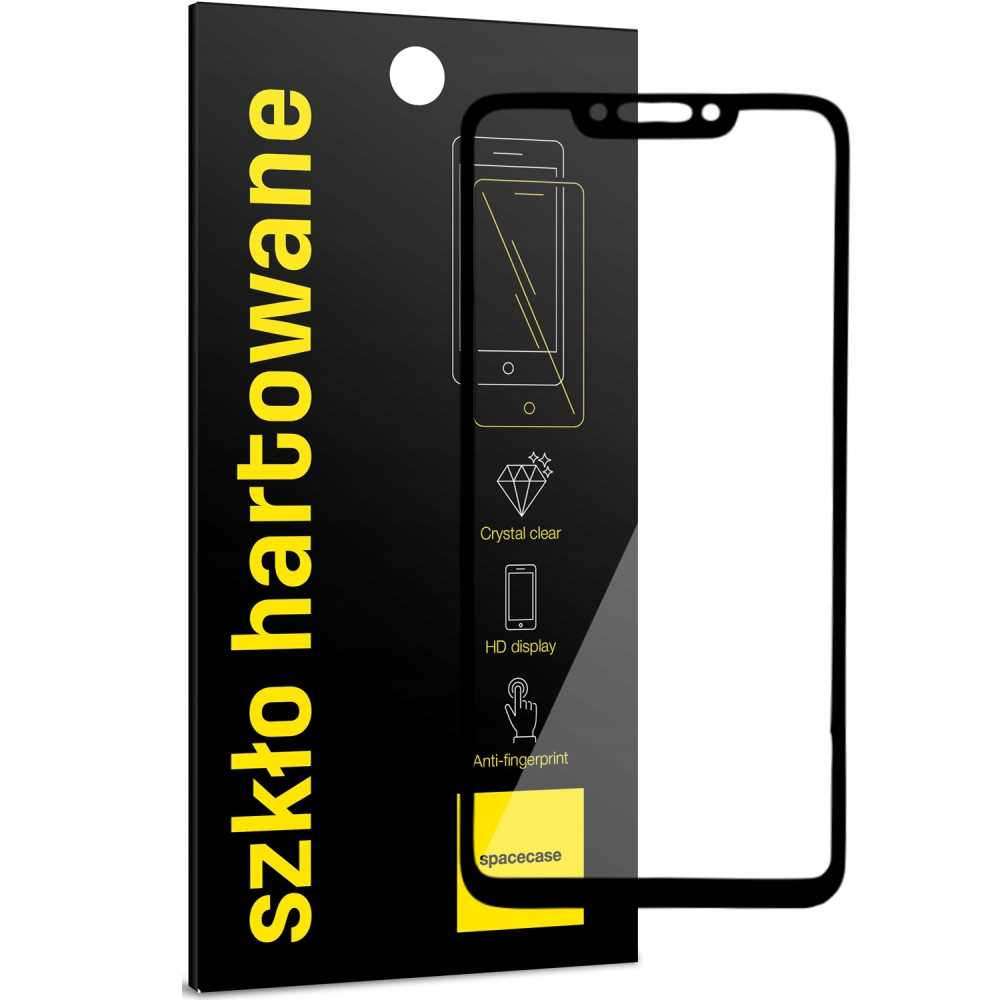 Ochraniacz ekranu i pudełko. Pudełko ma żółty tekst, ze zdjęciem telefonu i ikonami.