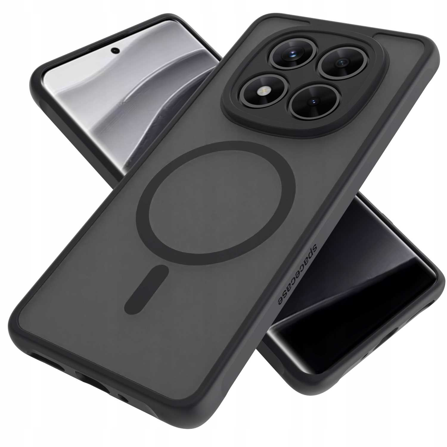 Etui na telefon, czarne i szare, z wypukłością na aparat. Etui ma magnetyczny pierścień z tyłu.