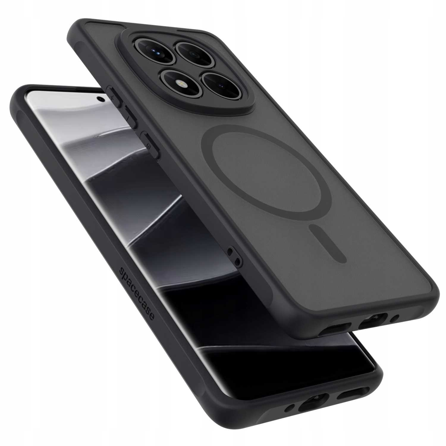 Etui na telefon, czarne i szare, z wypukłością na aparat i pierścieniem magnetycznym. Widoczna marka spacecase.