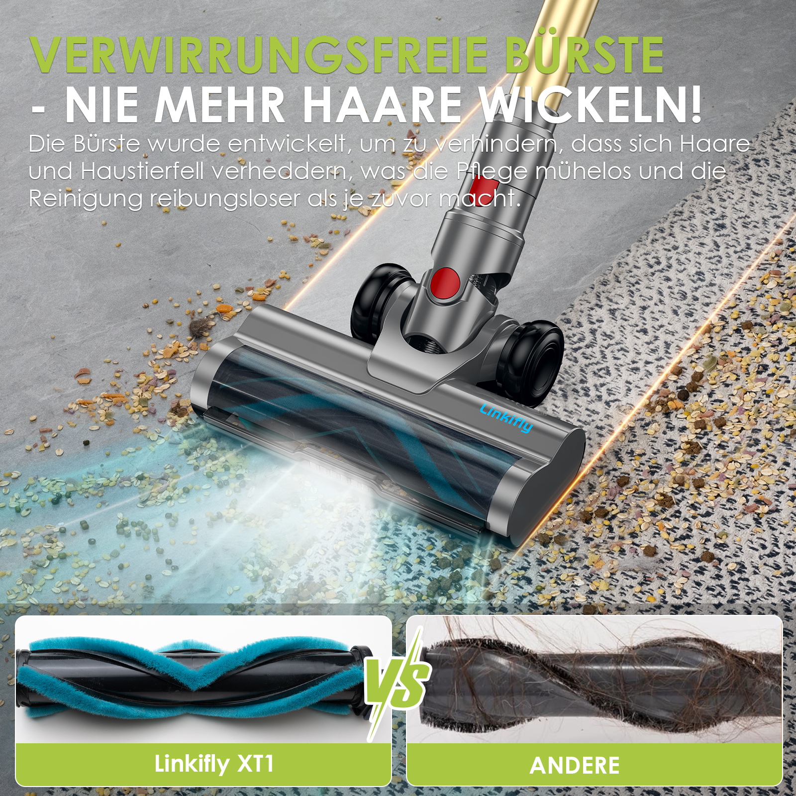 Zbliżenie na głowicę szczotki odkurzacza i tekst porównujący ją z inną.