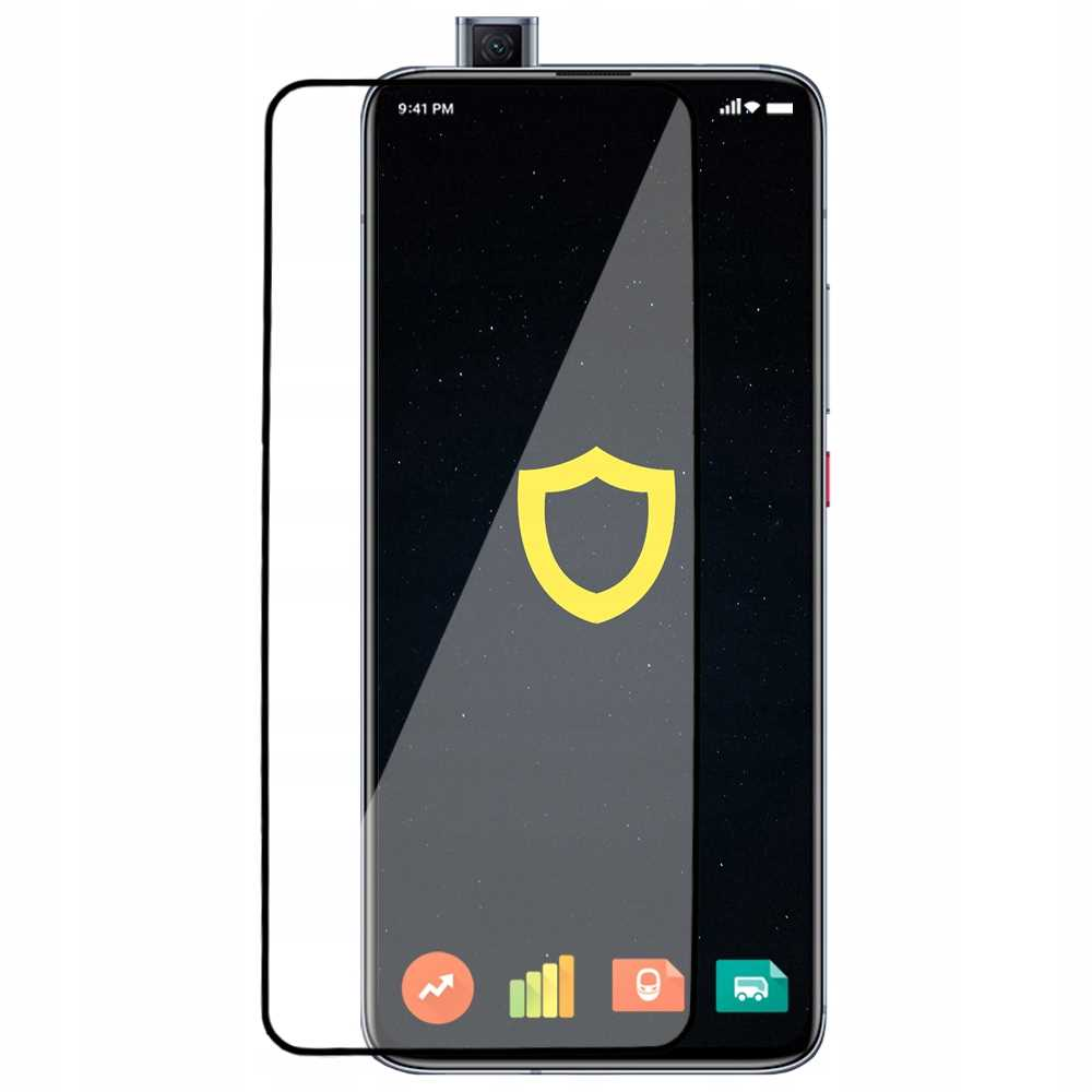 Smartfon z ochroną ekranu, pokazujący ikonę tarczy. Czarny ekran i ramka. Wyświetlacz pokazuje czas.