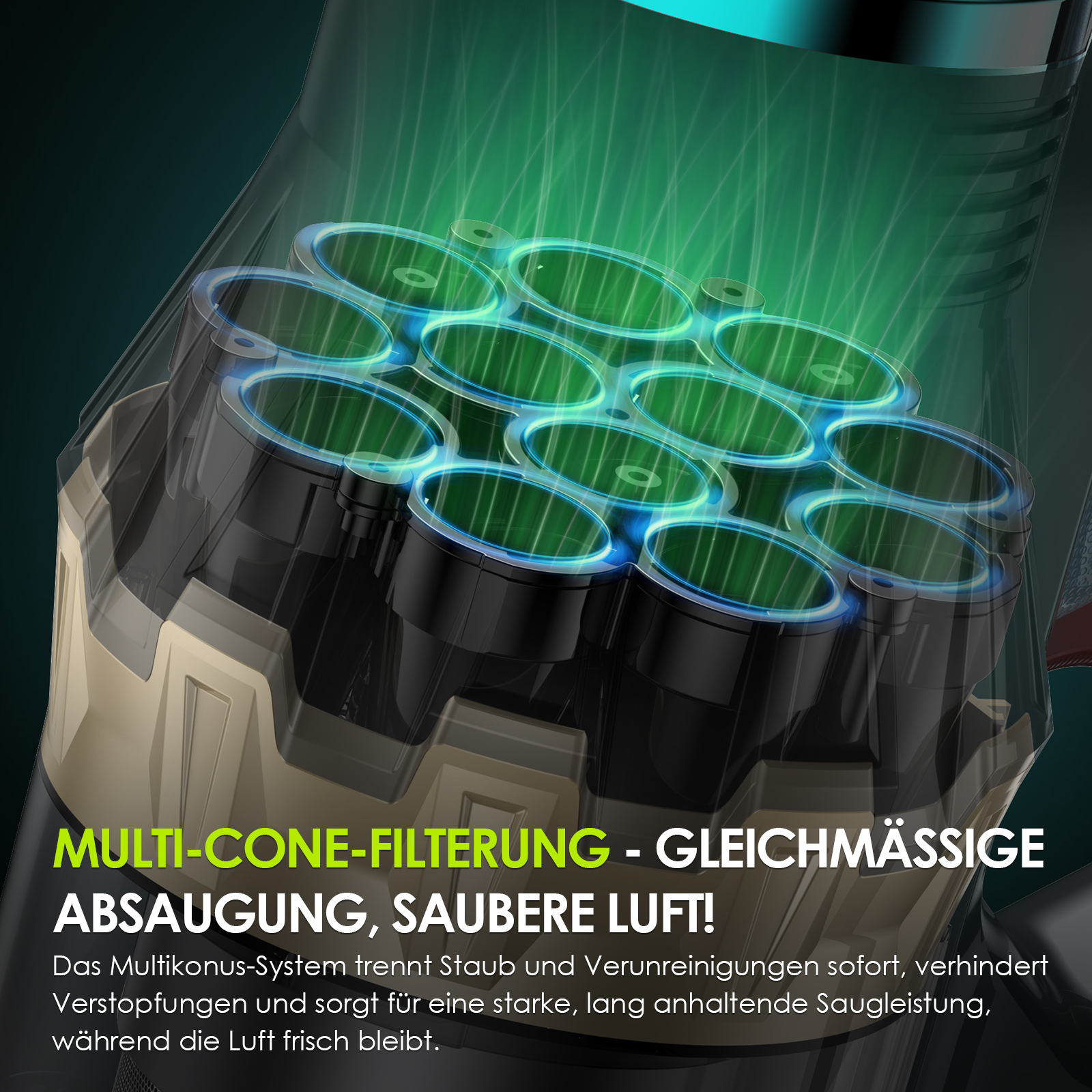 Zbliżenie na system filtrów wielostożkowych odkurzacza z tekstem.