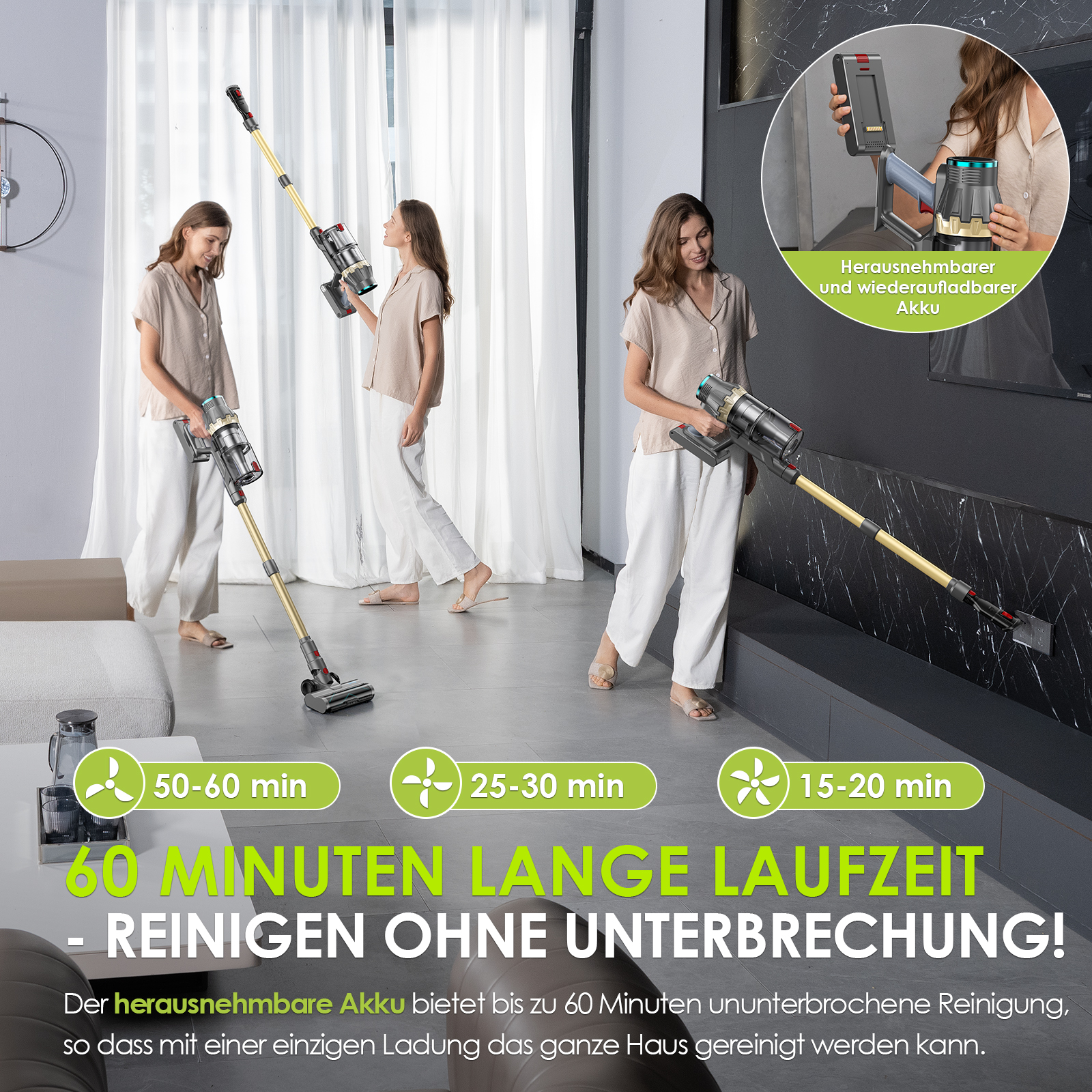 Trzy kobiety używają odkurzaczy. Tekst: 60 minut czasu pracy. Tekst i ikony dla 50-60, 25-30 i 15-20 min.