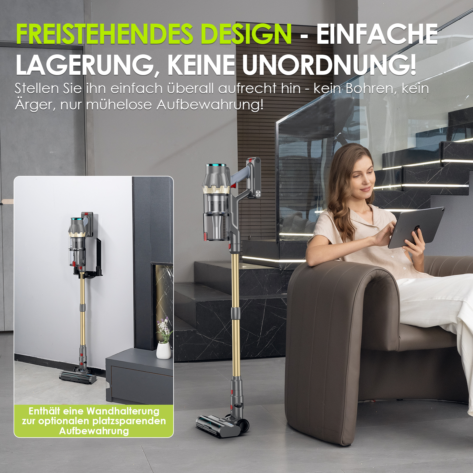 Kobieta korzystająca z tabletu, z odkurzaczem. Tekst: Freistehendes Design - Einfache Lagerung, Keine Unordnung!