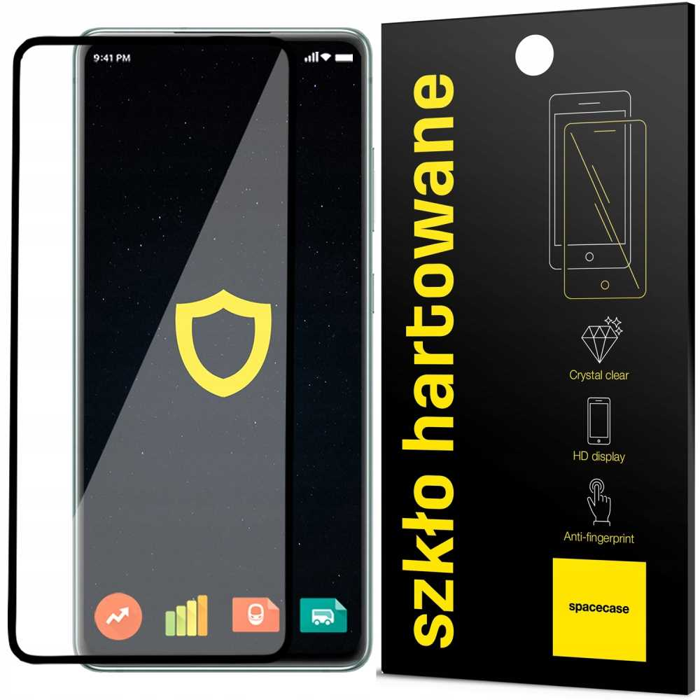 Ochraniacz ekranu i telefon. Ochraniacz z tekstem 'szkło hartowane' i ikonami.