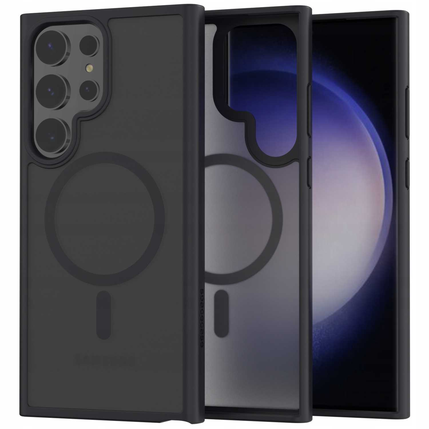 Czarne etui z widocznym ekranem telefonu. Etui ma okrągły obszar magnetyczny.