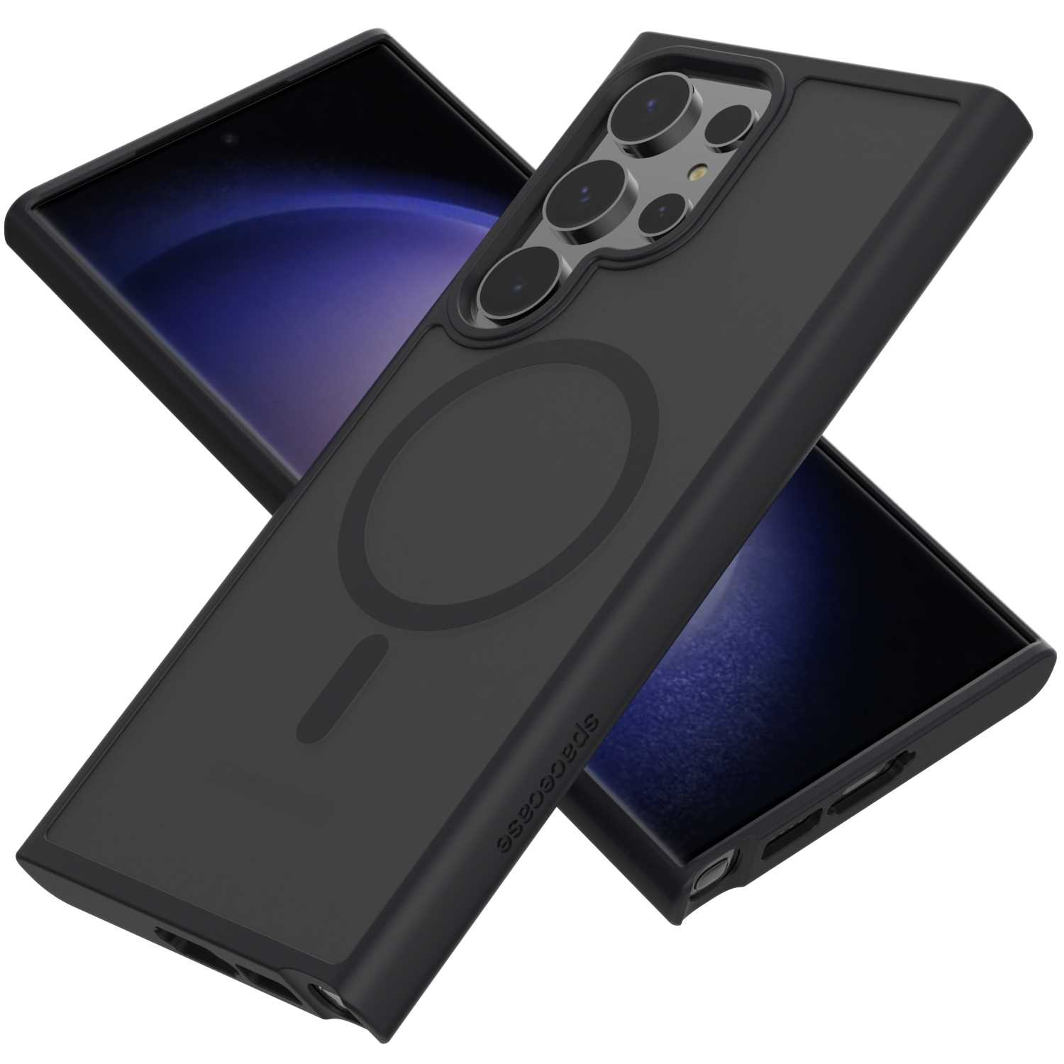 Czarne etui z telefonem. Etui jest pod kątem, pokazując aparat i etui.