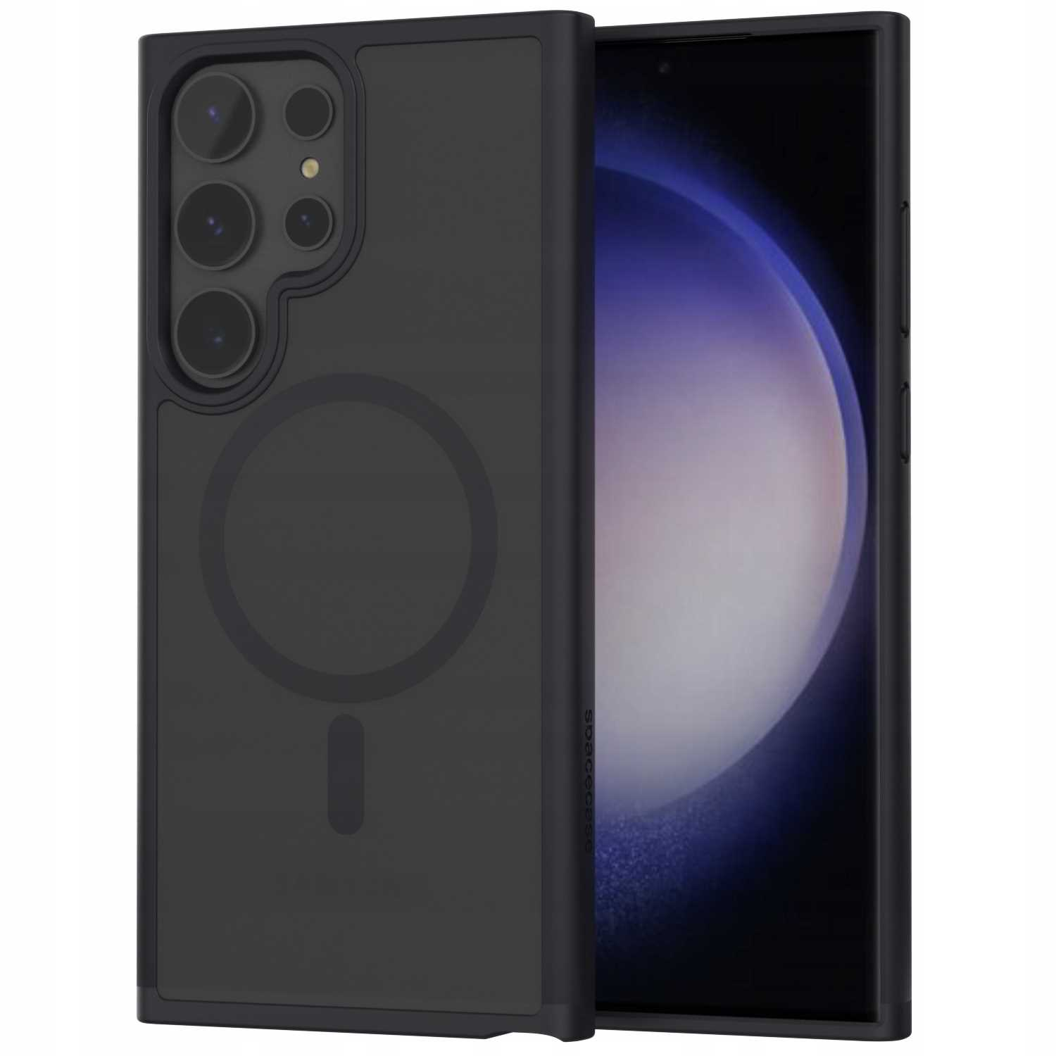 Czarne etui, częściowo zakrywające telefon. Etui ma magnetyczne kółko.