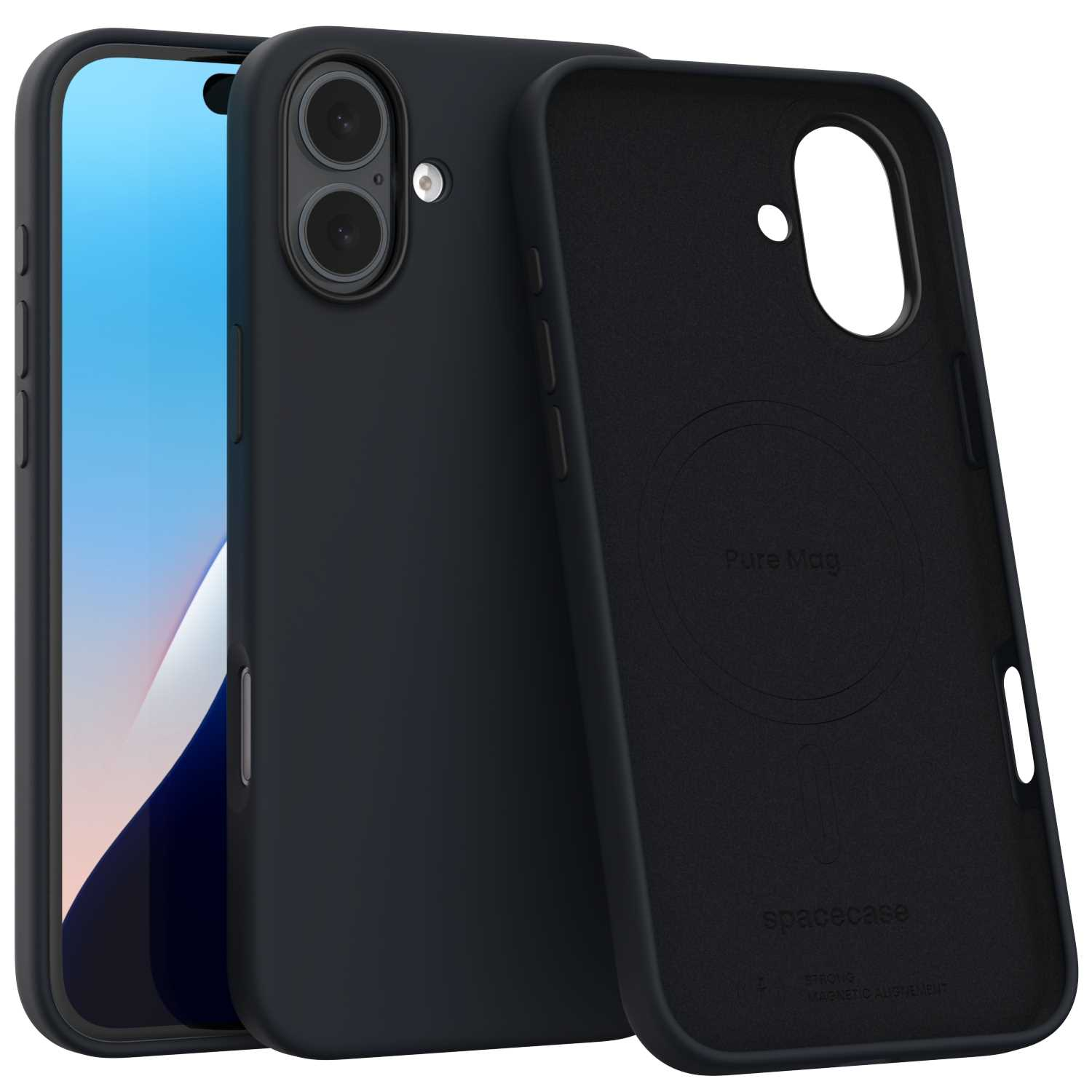 Czarne etui na telefon z ekranem telefonu. Etui ma wypukłość aparatu i napis 'Pure Mag'.