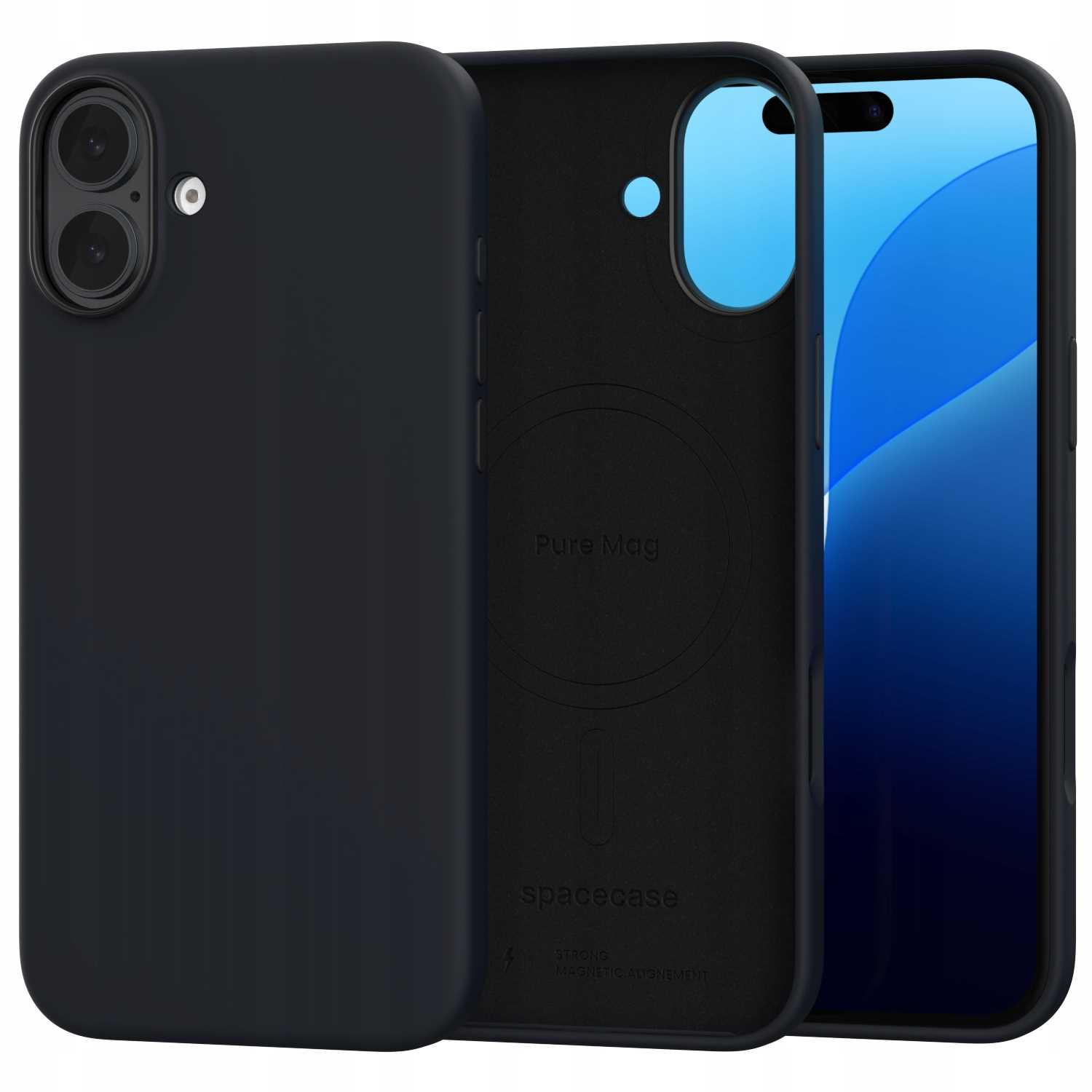 Czarny telefon z etui. Etui jest otwarte, pokazując wnętrze z niebieskim okręgiem.