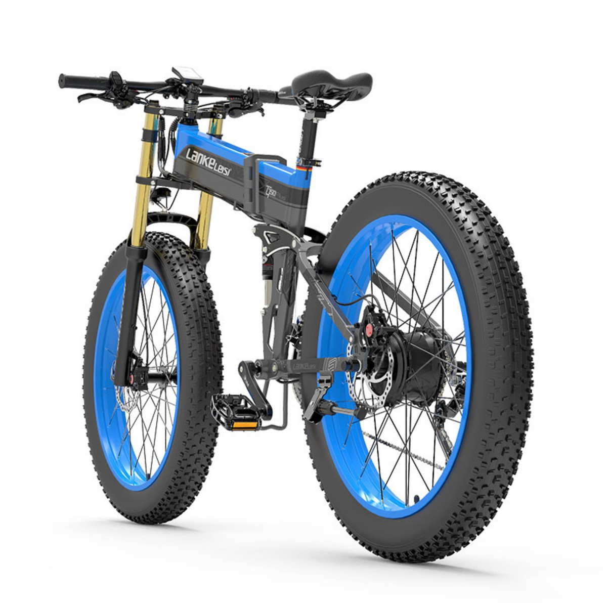 Niebiesko-czarny elektryczny rower z grubymi oponami, widok z tyłu. Ma akumulator.