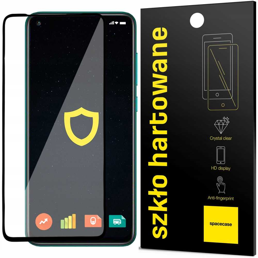 Telefon z ochraniaczem ekranu i czarne opakowanie z żółtym tekstem 'szkło hartowane'.