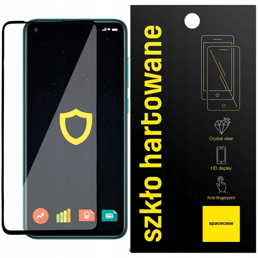 Telefon i ochraniacz ekranu. Ochraniacz ma ikonę tarczy na ekranie telefonu.