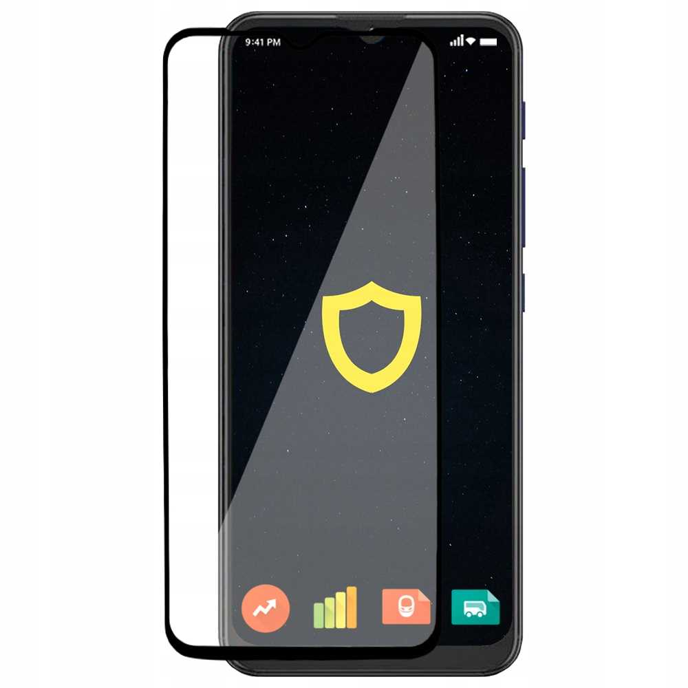 Telefon z nałożonym ochraniaczem ekranu. Ekran pokazuje ikonę tarczy. Tło jest czarne.