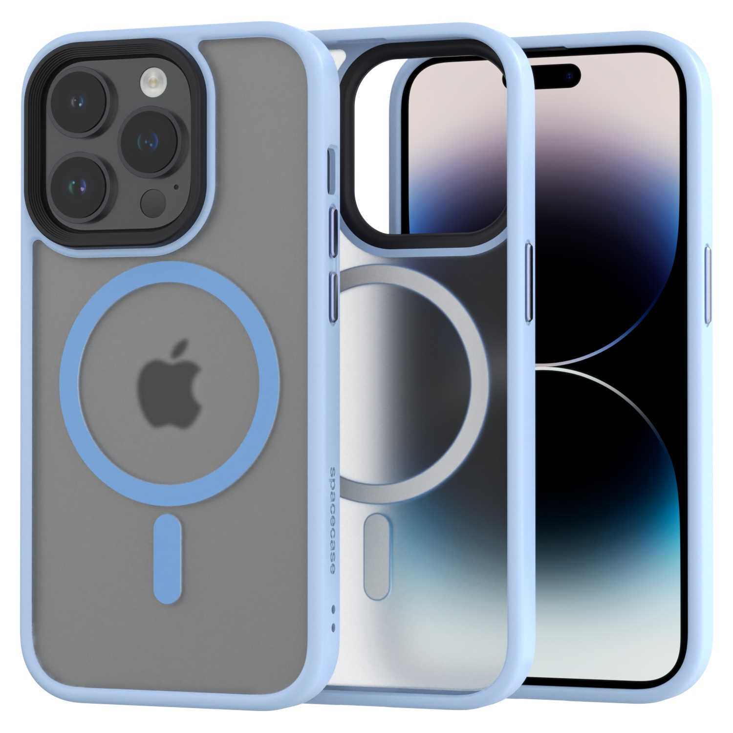 Trzy etui na telefon z jasnoniebieską krawędzią i pierścieniem MagSafe. Jeden ma logo Apple. Białe tło.