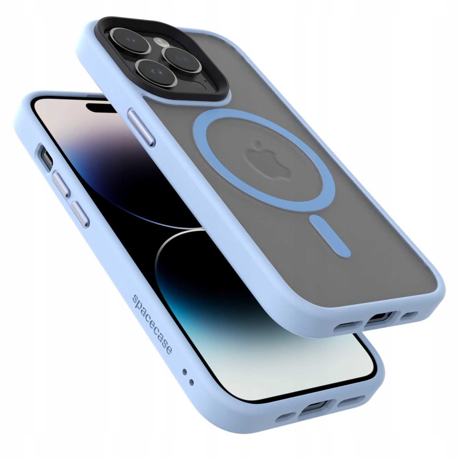 Etui na telefon z jasnoniebieską krawędzią i pierścieniem MagSafe. Logo Apple z tyłu. Białe tło.