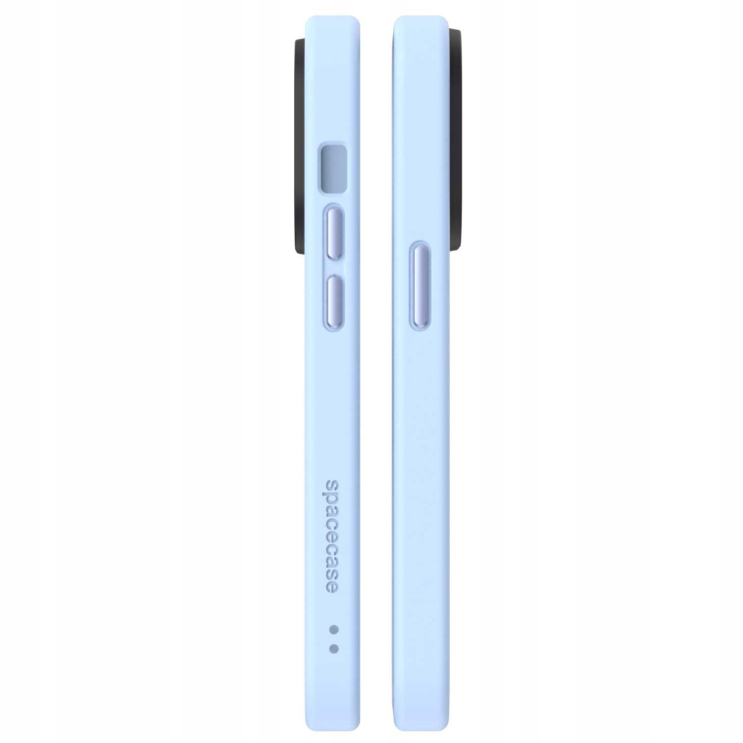 Dwa jasnoniebieskie etui na telefon. Lewy pokazuje bok z przyciskami głośności, prawy przycisk zasilania.