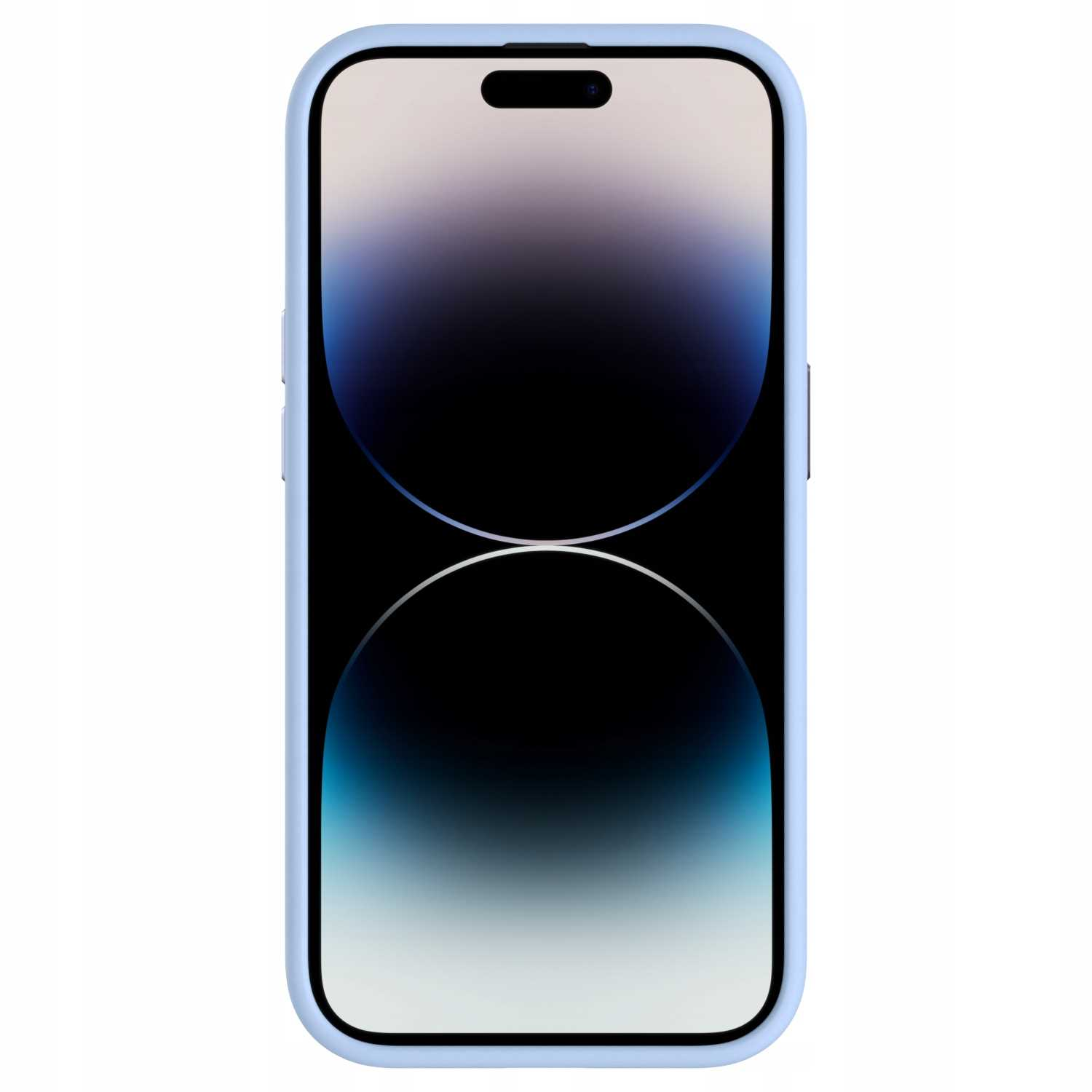 Telefon z niebieskim etui, pokazujący ekran z ciemnym abstrakcyjnym obrazem. Białe tło.