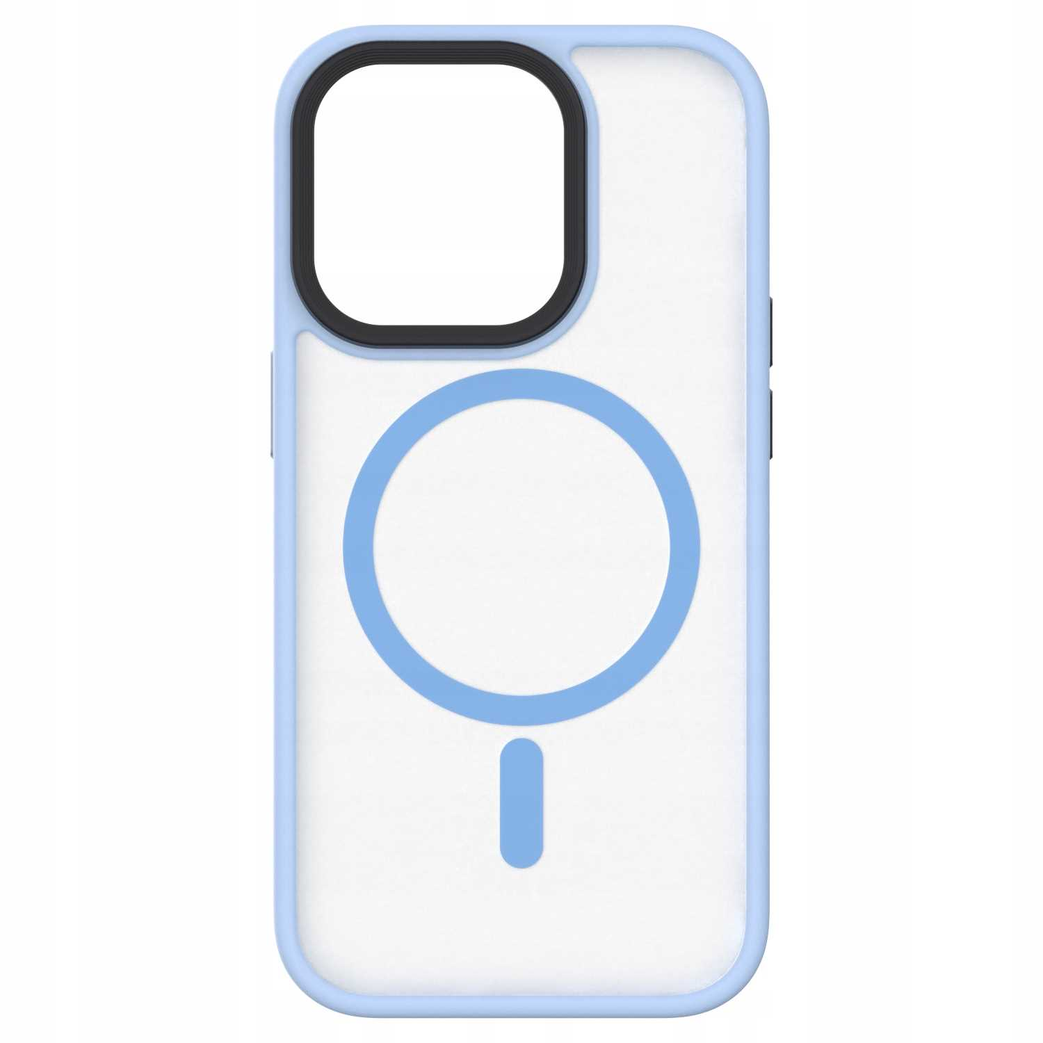 Niebieskie etui na telefon z wycięciem na aparat i pierścieniem MagSafe. Białe tło.