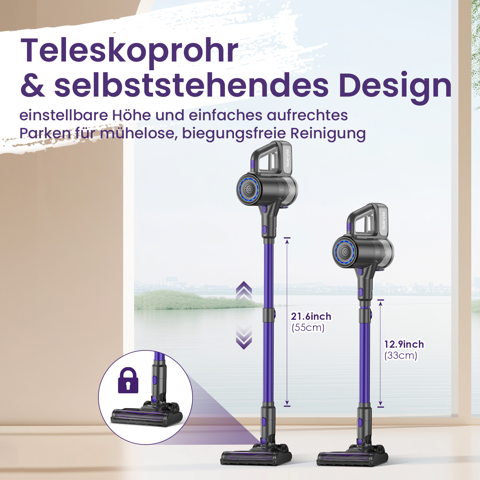 Dwa odkurzacze stoją wyprostowane. Jeden jest rozłożony, drugi krótszy. Tekst opisuje regulację wysokości i łatwe parkowanie.