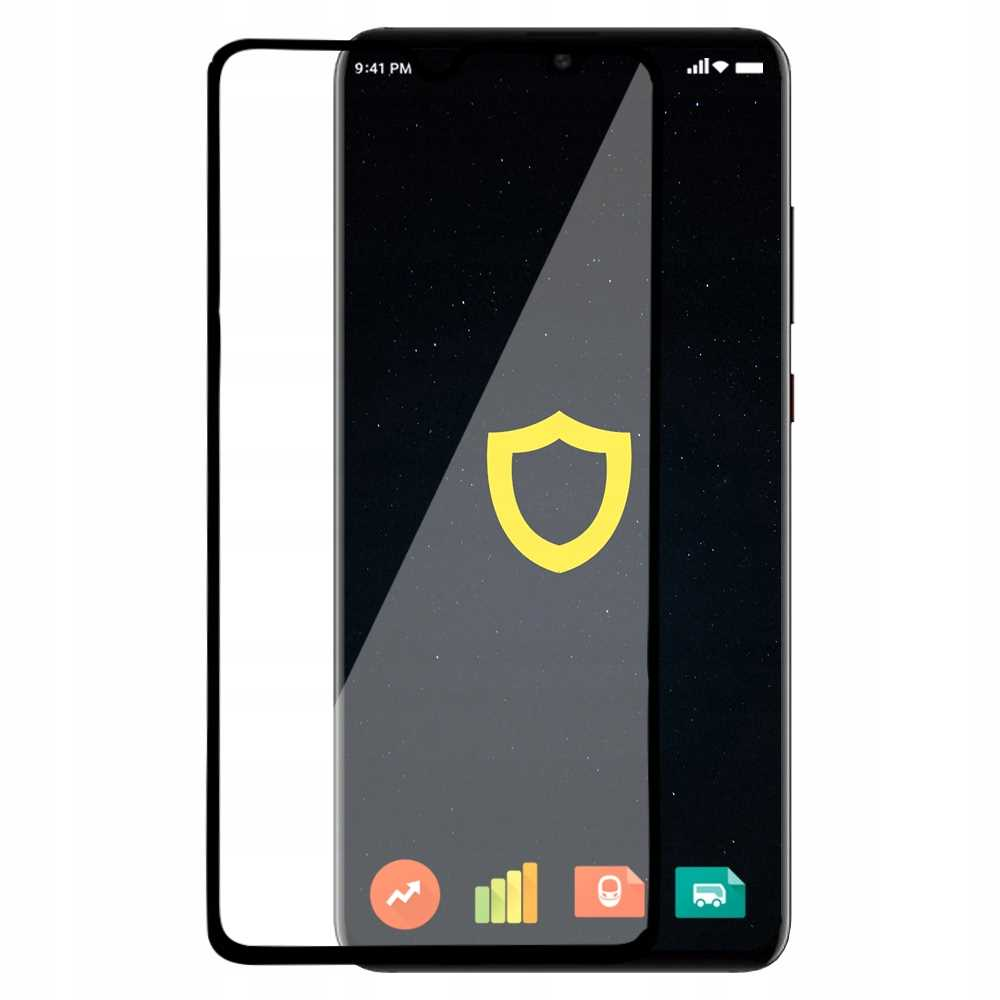Telefon z nałożoną osłoną ekranu, wyświetlający żółtą ikonę tarczy na gwiezdnym czarnym tle. Godzina to 21:41.