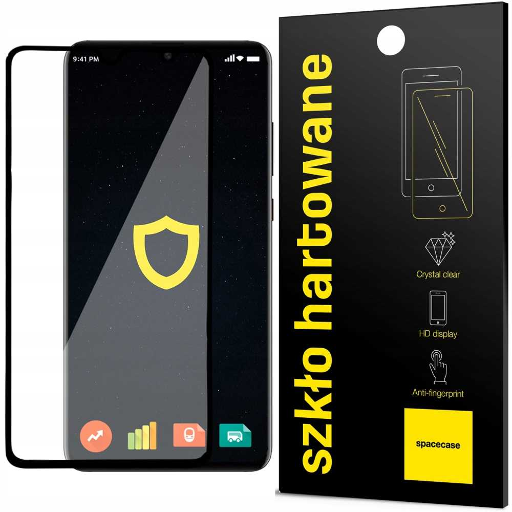 Ekran smartfona z ochraniaczem i opakowaniem. Opakowanie zawiera szczegóły produktu.