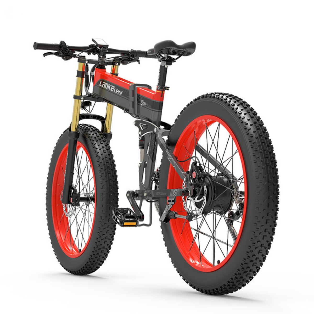 Rower górski z grubymi oponami, czerwono-czarny. Widok z tyłu, pokazujący opony i biegi.