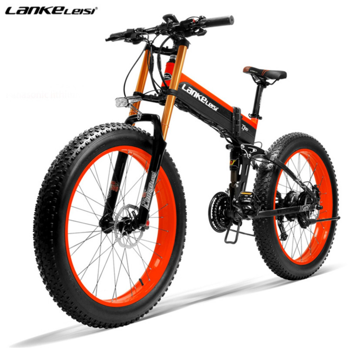 Składany rower typu fat bike, czerwono-czarny. Widok z przodu, pokazujący koła i ramę.