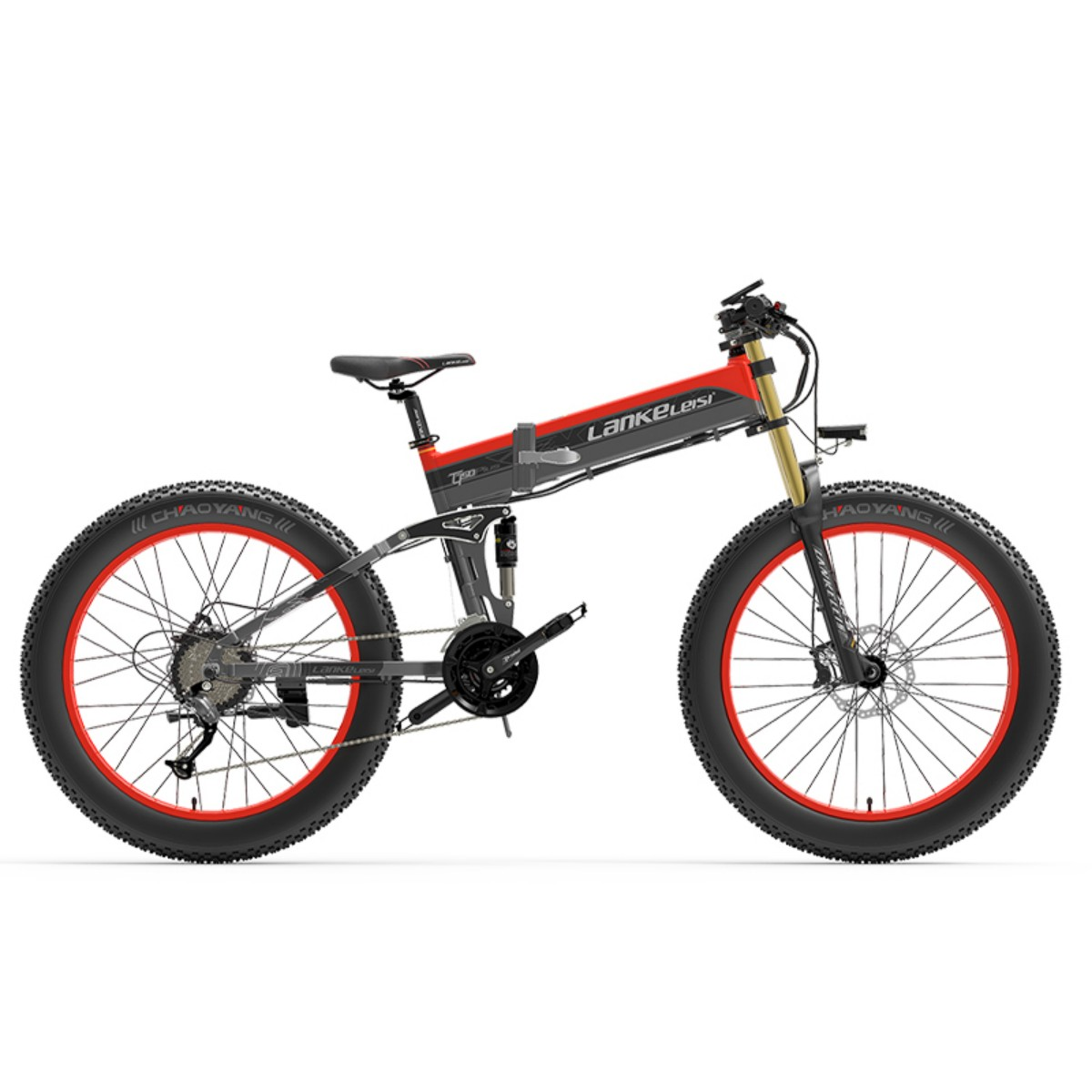 Rower górski z grubymi oponami, czerwono-czarny. Widok z boku, pokazujący ramę i koła.